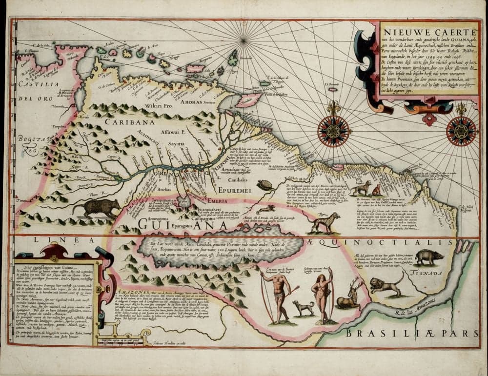 Nieuwe caerte van het wonderbaer ende goudrijcke landt Guiana :, gelegen onder de Linie Æquinoctiael, tusschen Brasilien ende Peru : nieuwelick besocht door Sir Wa[sic]ter Ralegh, Ridder van Engelandt, in het jaer 1594, 95 ende 1596.