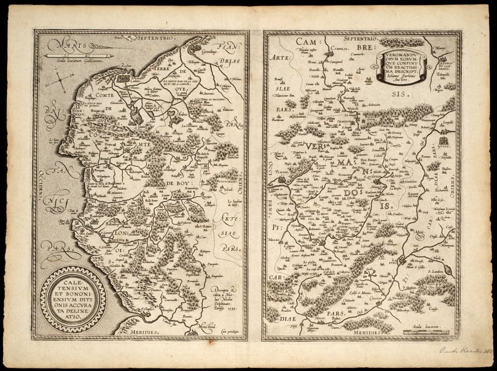 Caletensium et Bononiensium ditionis accurata delineatio /, Veromanduorum eorumque confinium exactissima descript. / Iohanne Surhonio auctore., descripta & edita a Nicolao Nicolai Delphinate Parisijs 1558.