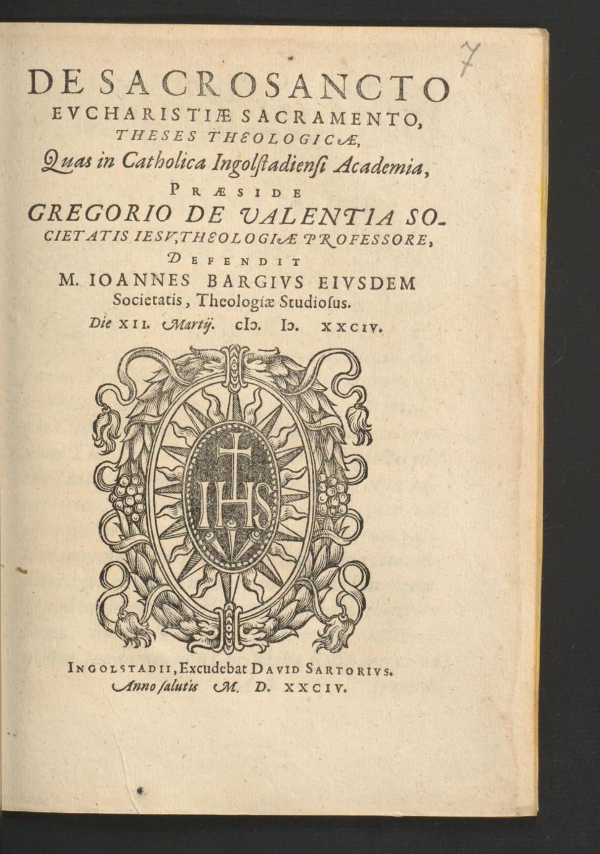 De sacrosancto eucharistiae sacramento theses theologicae