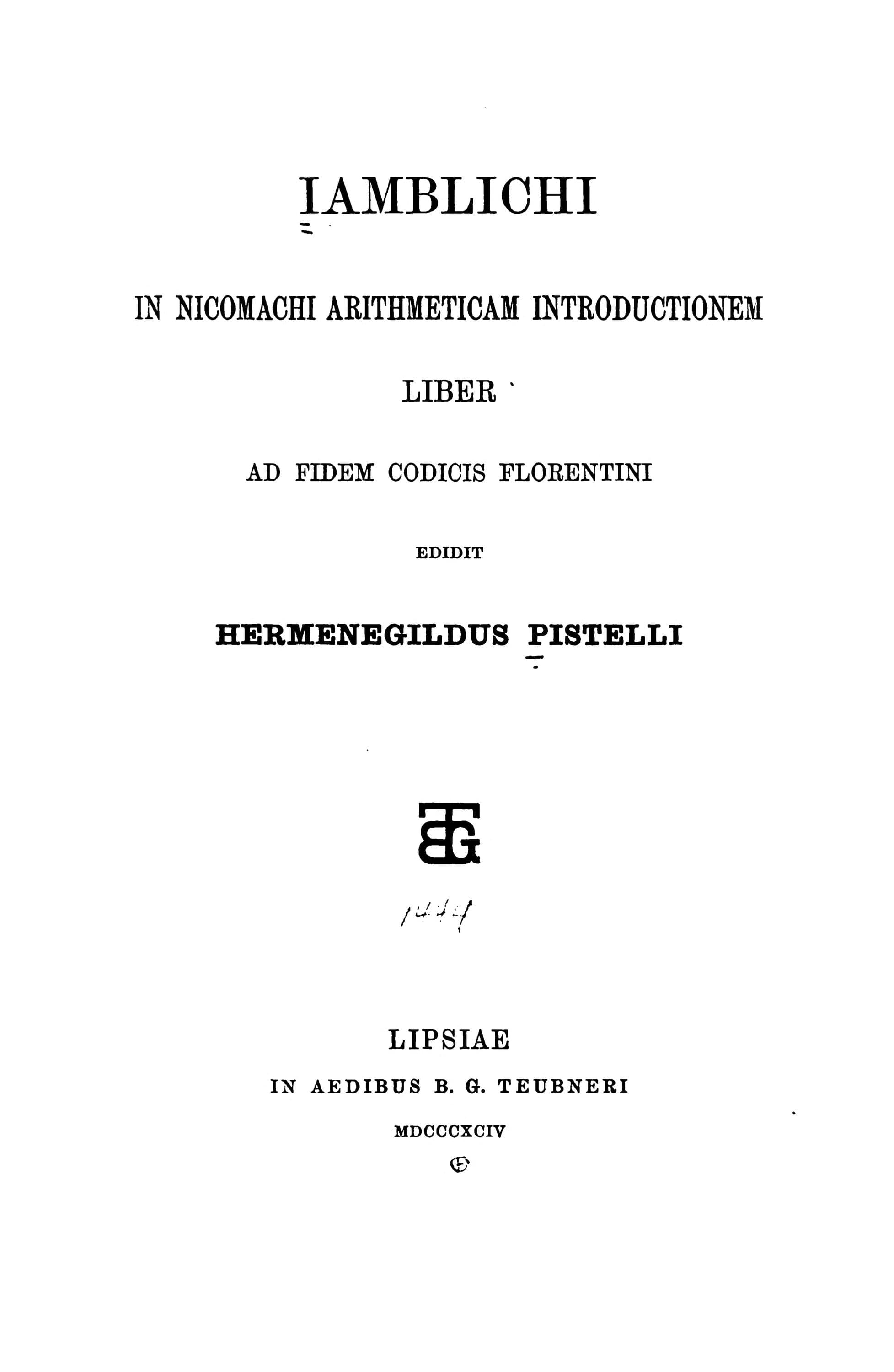In Nicomachi Arithmeticam Introductionem (Pistelli)