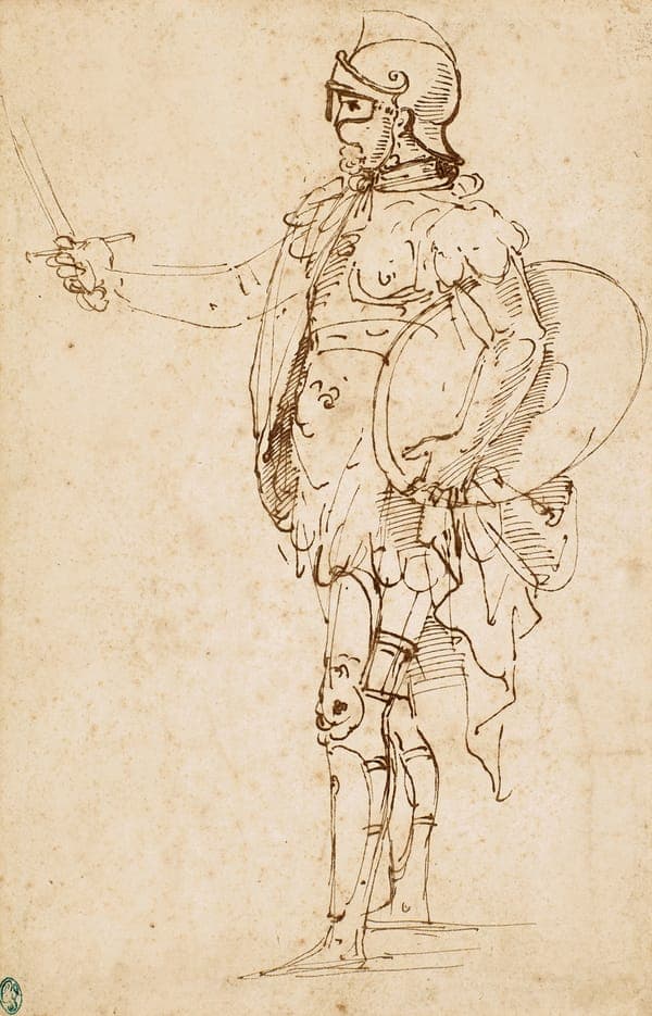 Raphael drawing of a solider in all'antica armour