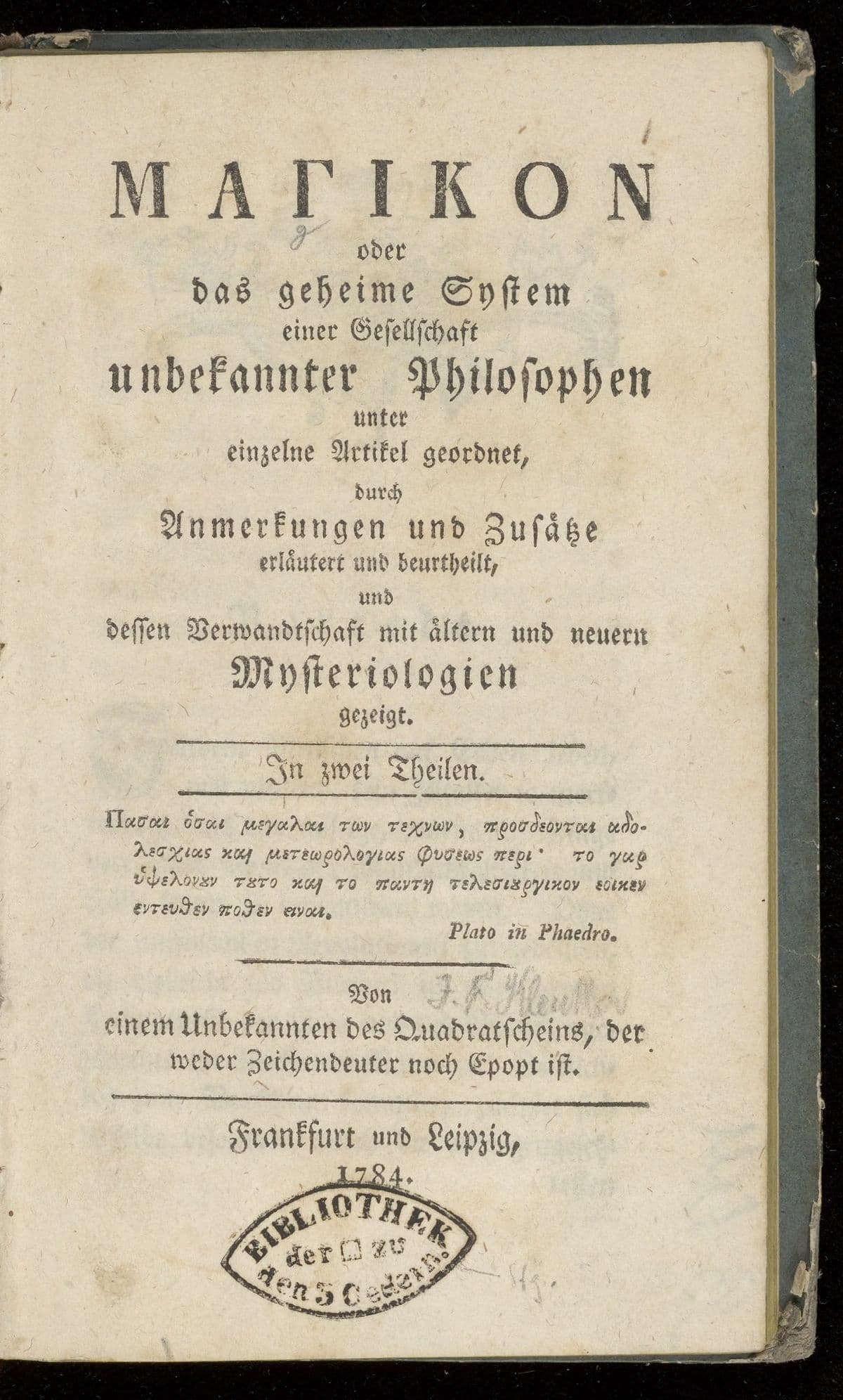 [Greek: Magikon] oder das geheime System