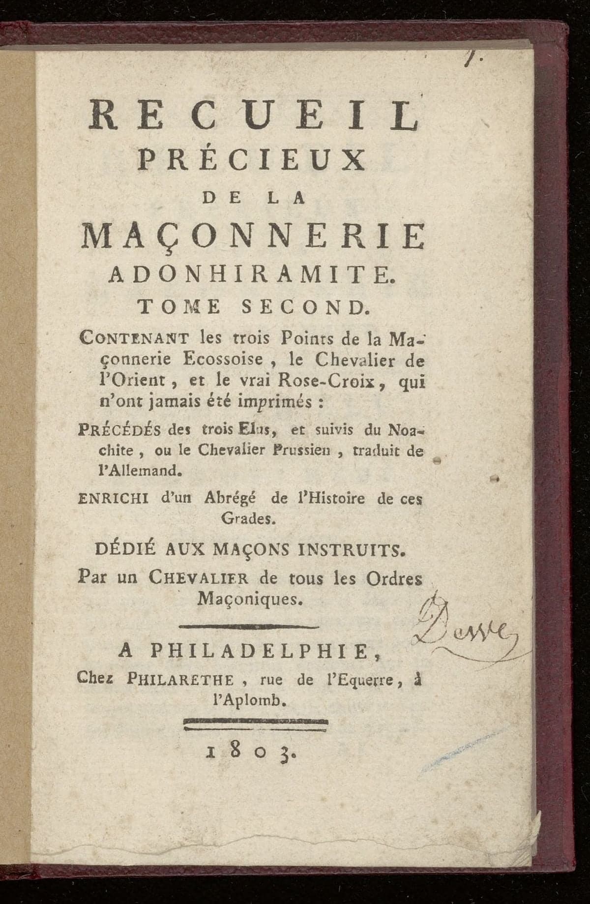 Recueil précieux de la maçonnerie adonhiramite