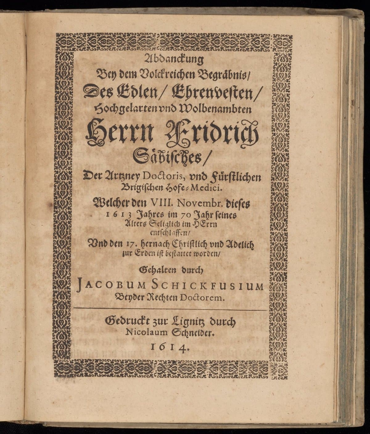 Abdanckung bey den volckreichen Begräbnis, des [...] Herrn Fridrich Säbisches