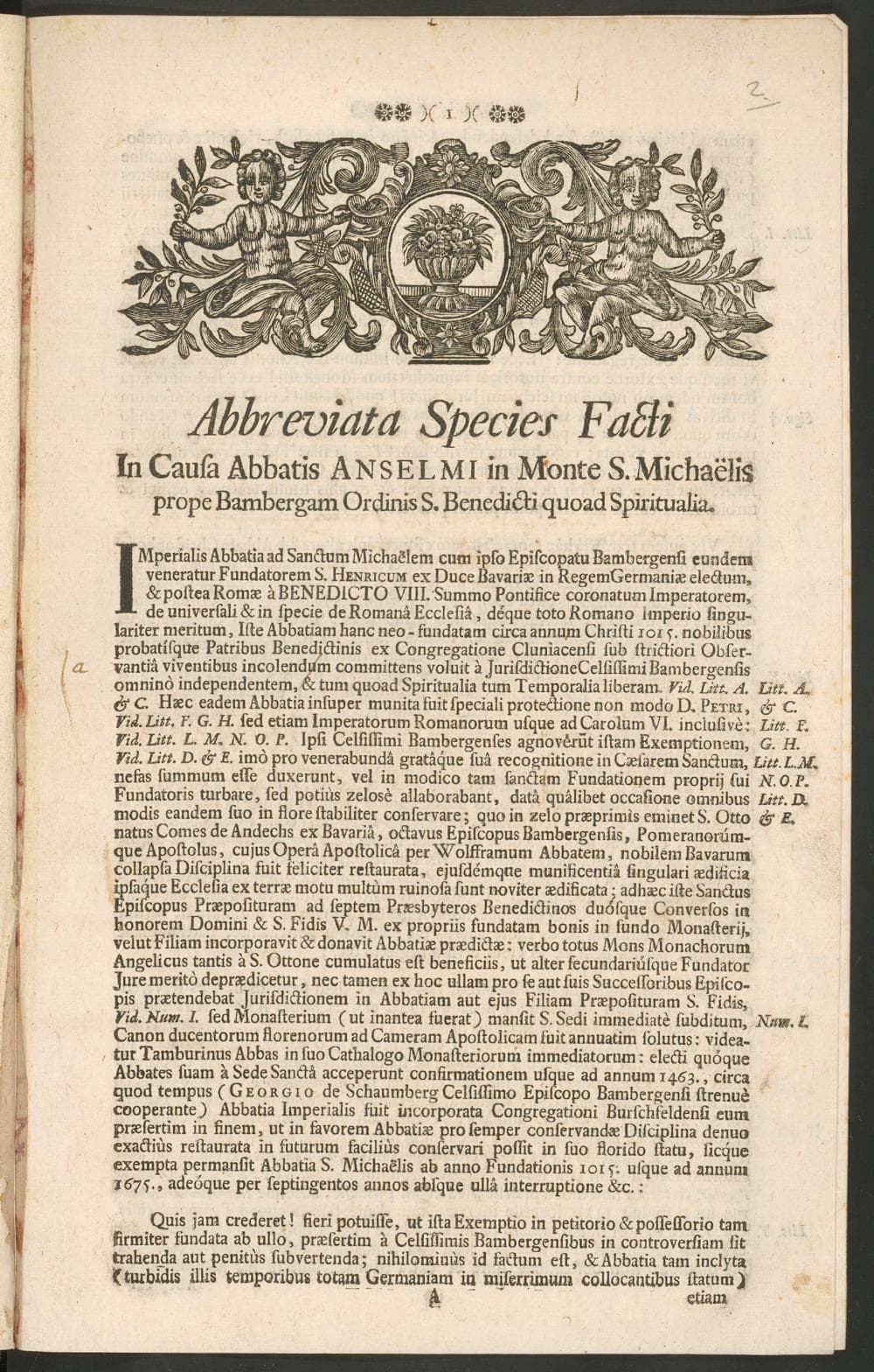 Abbreviata species facti in causa abbatis Anselmi in Monte S. Michaëlis prope Bambergam Ordinis S. Benedicti quoad spiritualia