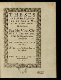 Theses has subsequentes de artis medicae definitione &amp; divisione Praeside Viro Clariss. D.D. Thoma Erasto, syn Theō defendere conabitur M. Theophilus Maderus, A. D. VI. Kal. Sextil. hora &amp; loco consuetis