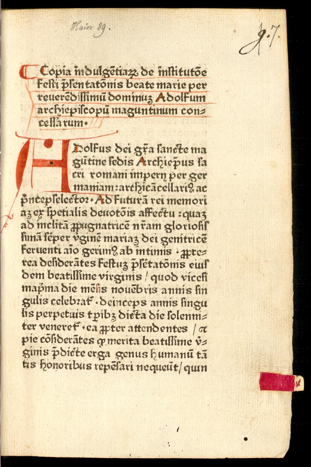 [Copiae indulgentiarum de institutione festi Praesentationis beatae Mariae virginis concessarum]