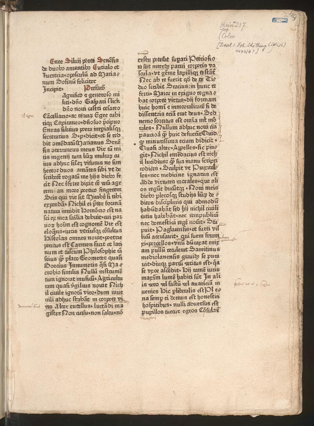 [De duobus amantibus Euryalo et Lucretia] : ; daran ; [Epistola retractatoria ad Carolum]