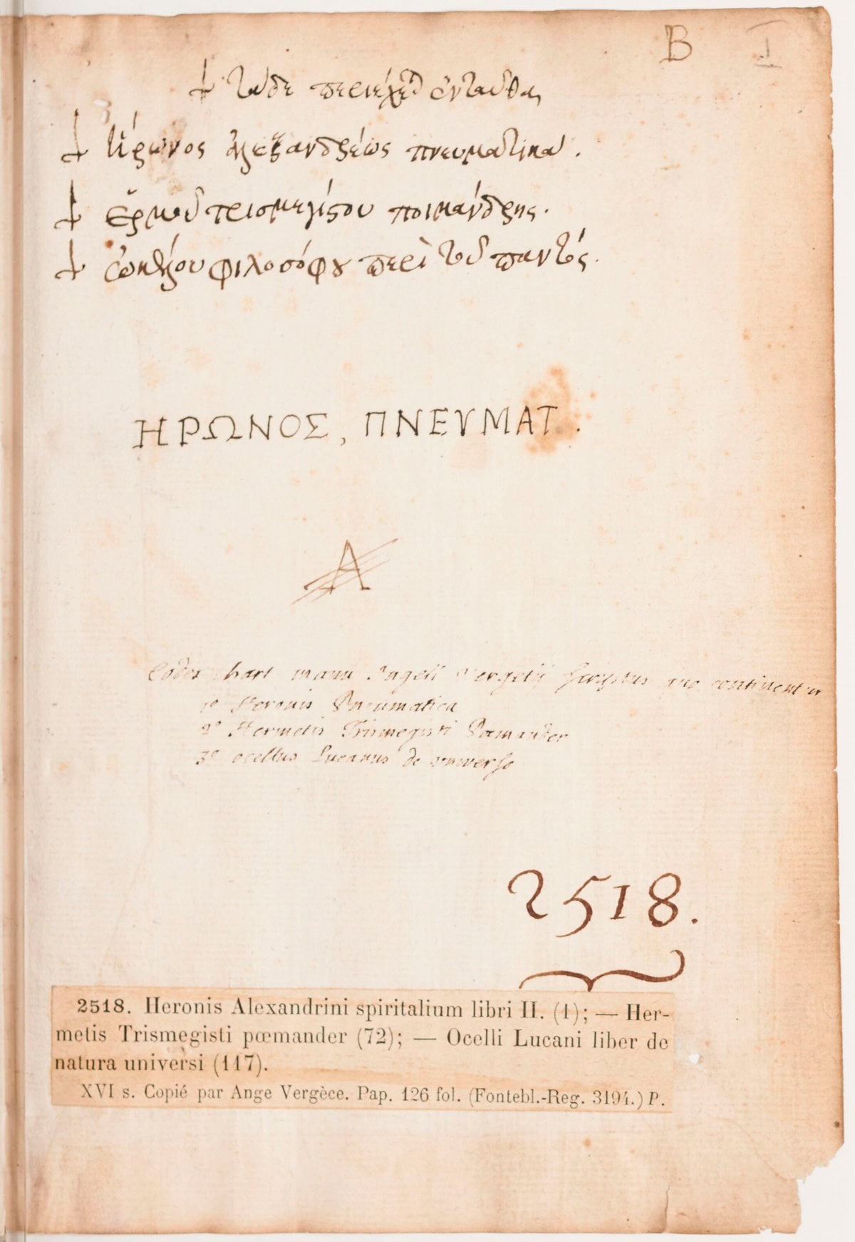 Corpus Hermeticum with Pneumatica and Ocellus Lucanus