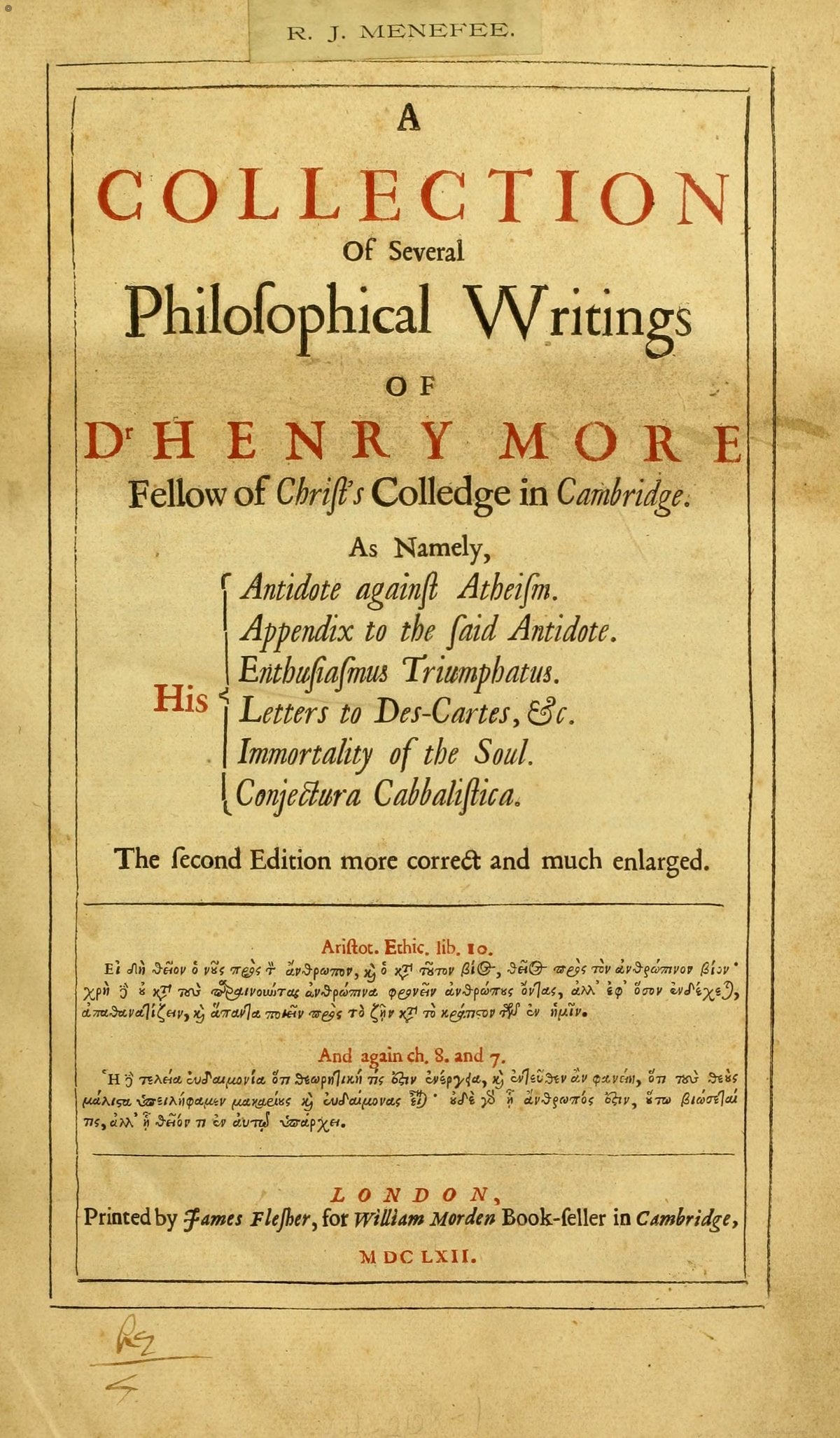 A Collection of Several Philosophical Writings of Dr. Henry More