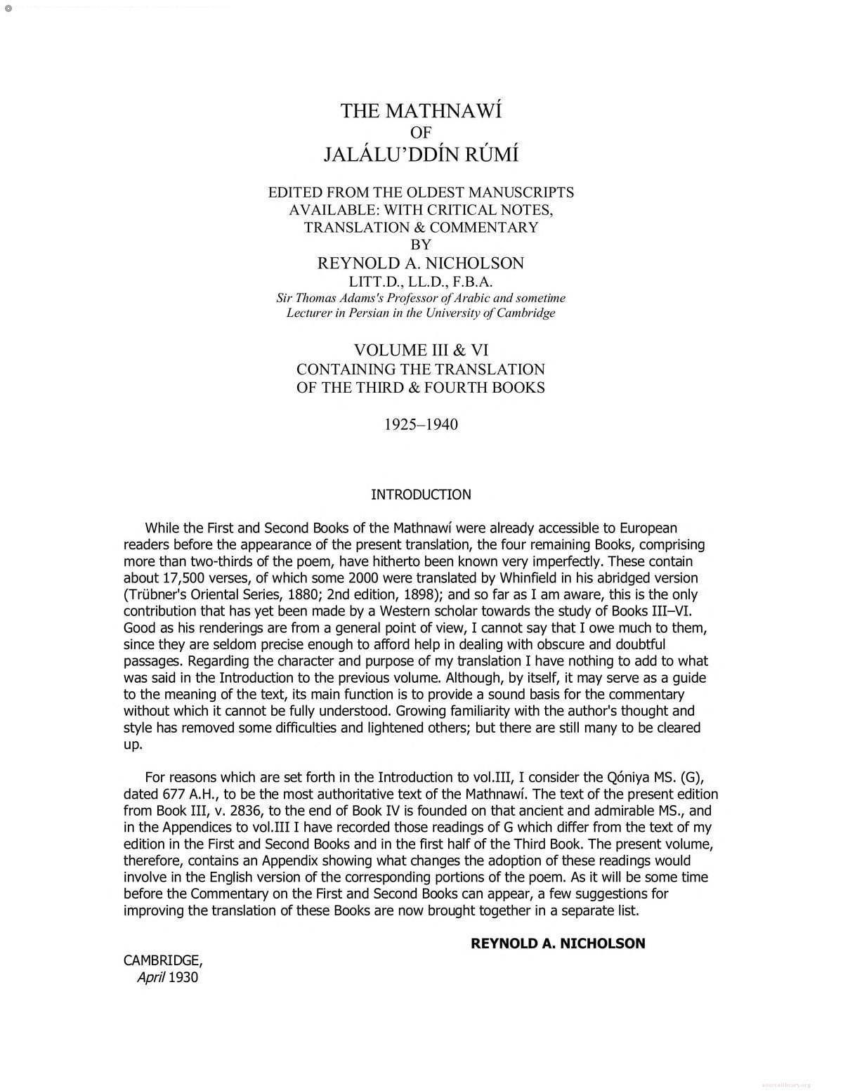 The Mathnawi of Rumi Vol. 3-4