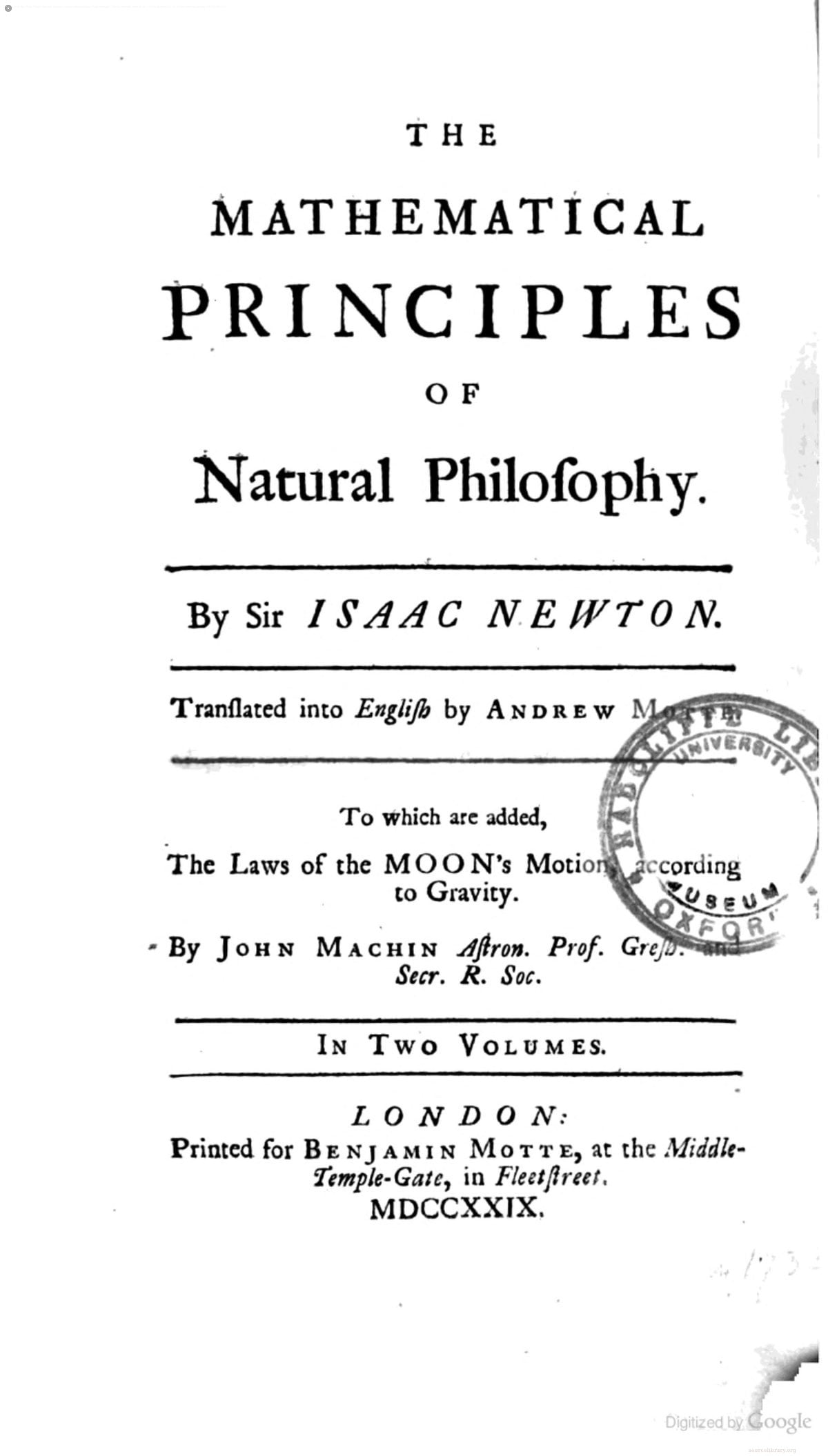 Mathematical Principles of Natural Philosophy (Motte 1729)