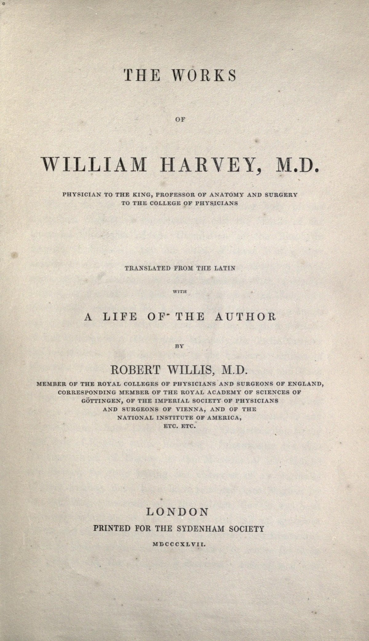 Works of William Harvey (Sydenham Society 1847)