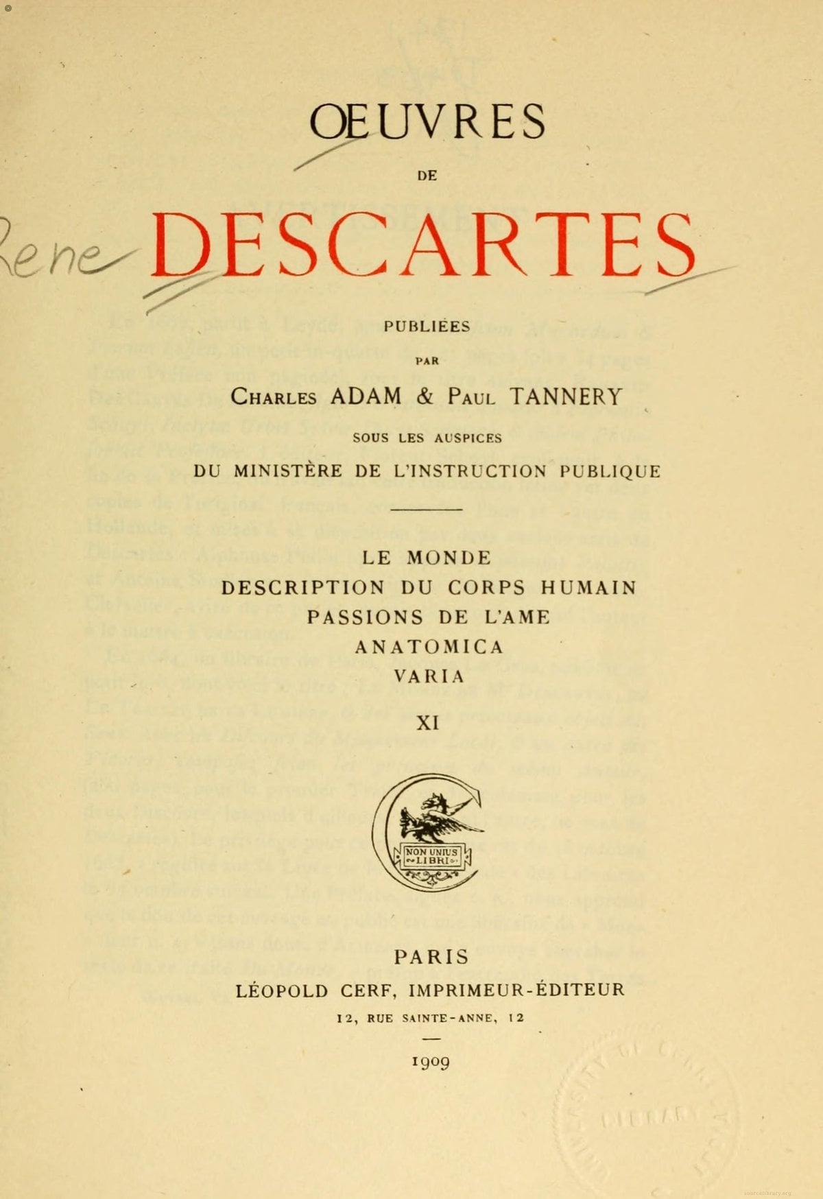 The World: Works of Descartes, Volume 11