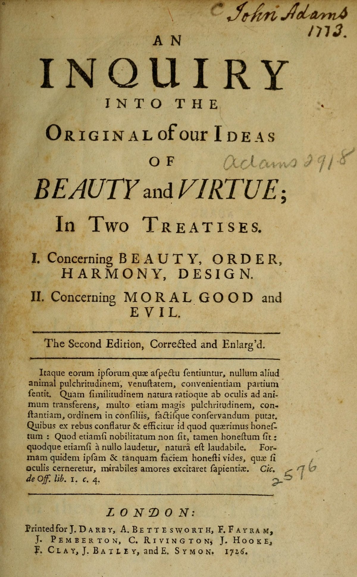 An Inquiry into the Original of Our Ideas of Beauty and Virtue (1726 First Edition)