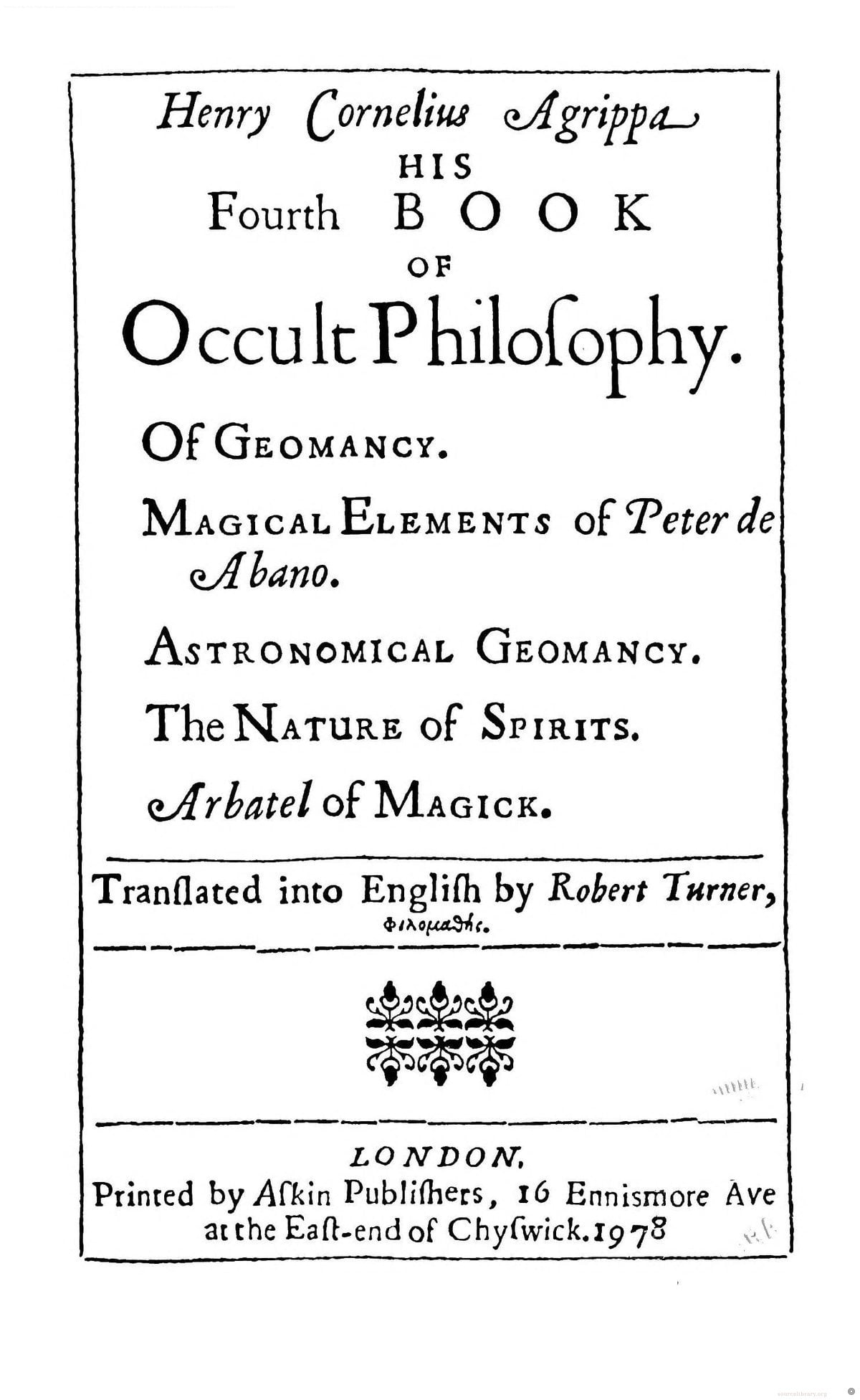 Agrippa Fourth Book of Occult Philosophy with Geomancy