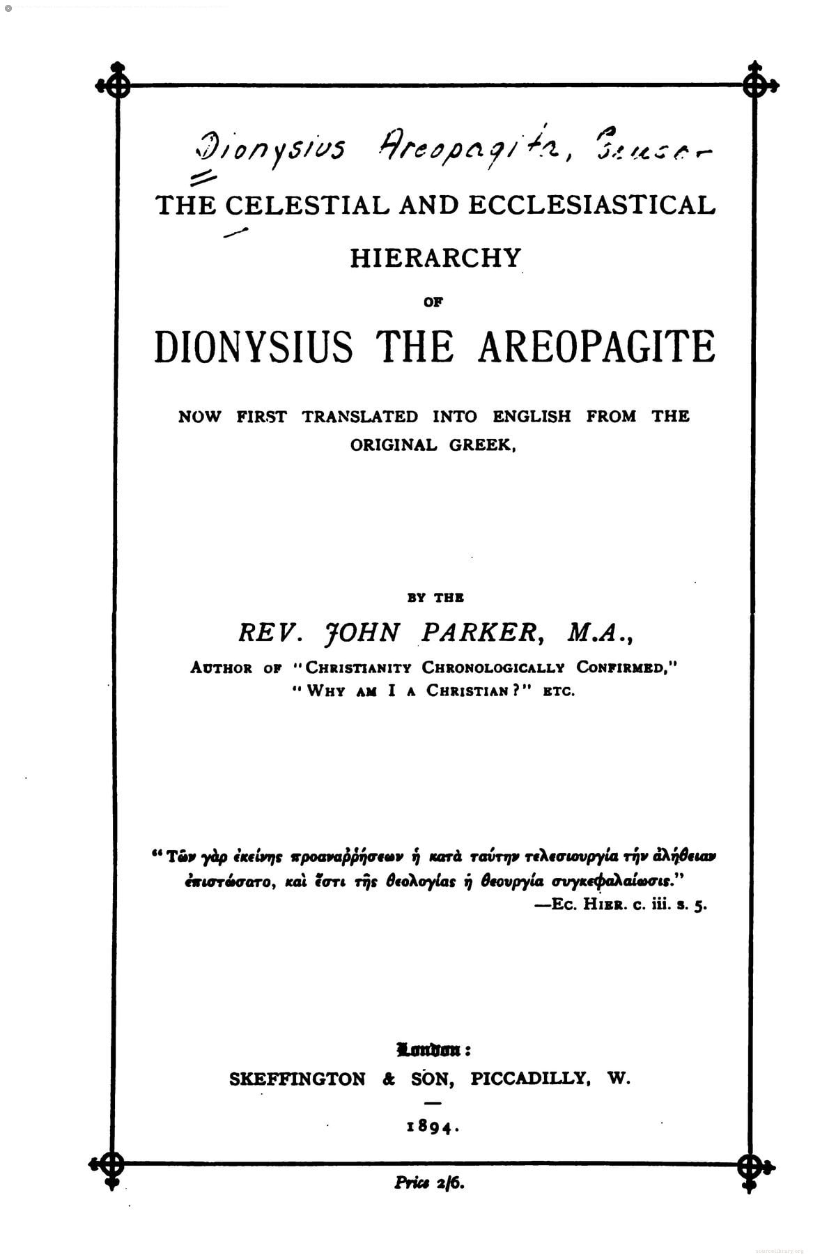 Pseudo-Dionysius Celestial and Ecclesiastical Hierarchy