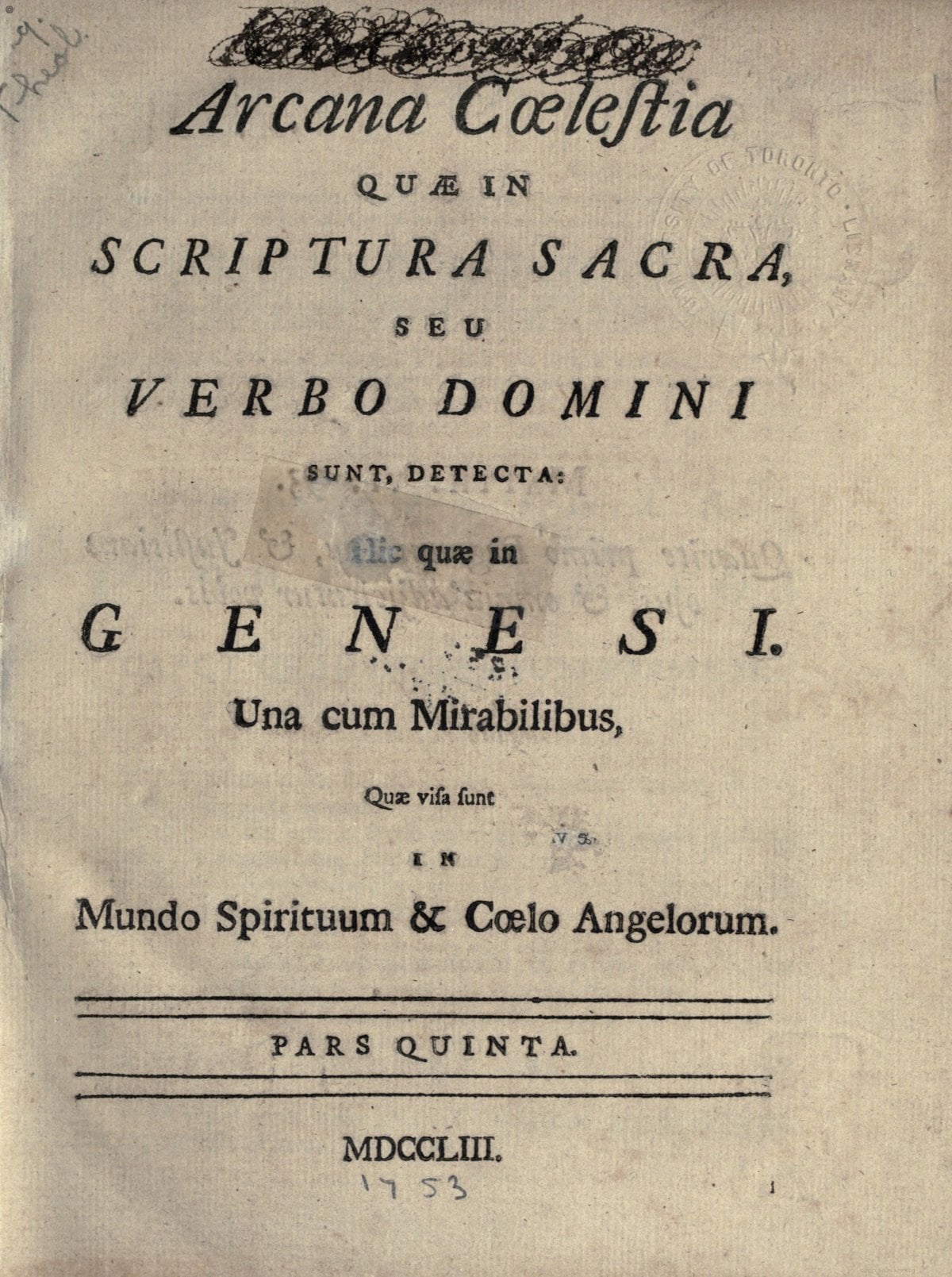 Swedenborg Arcana Caelestia Vol. V (1750)