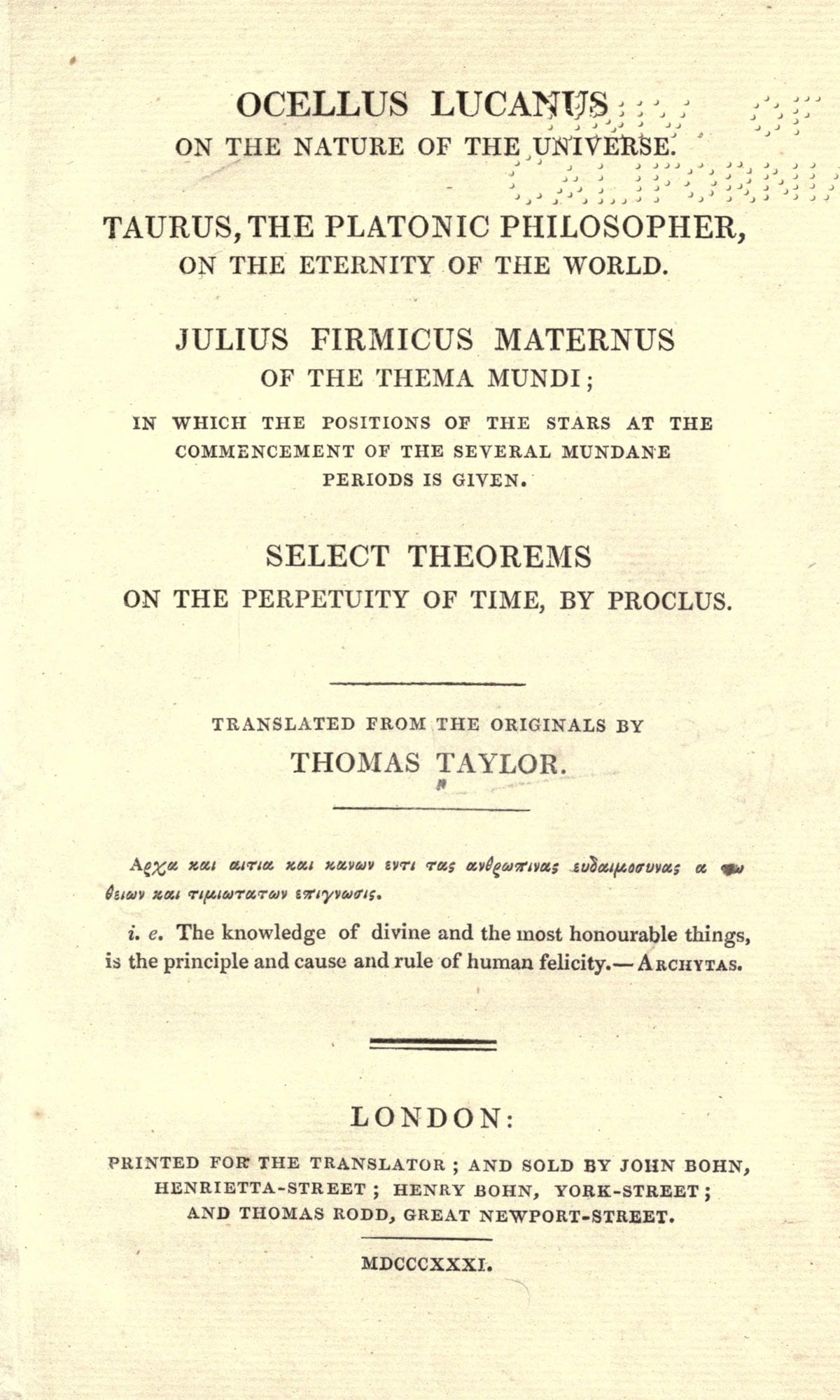 Ocellus Lucanus On the Nature of the Universe (Taylor 1831)