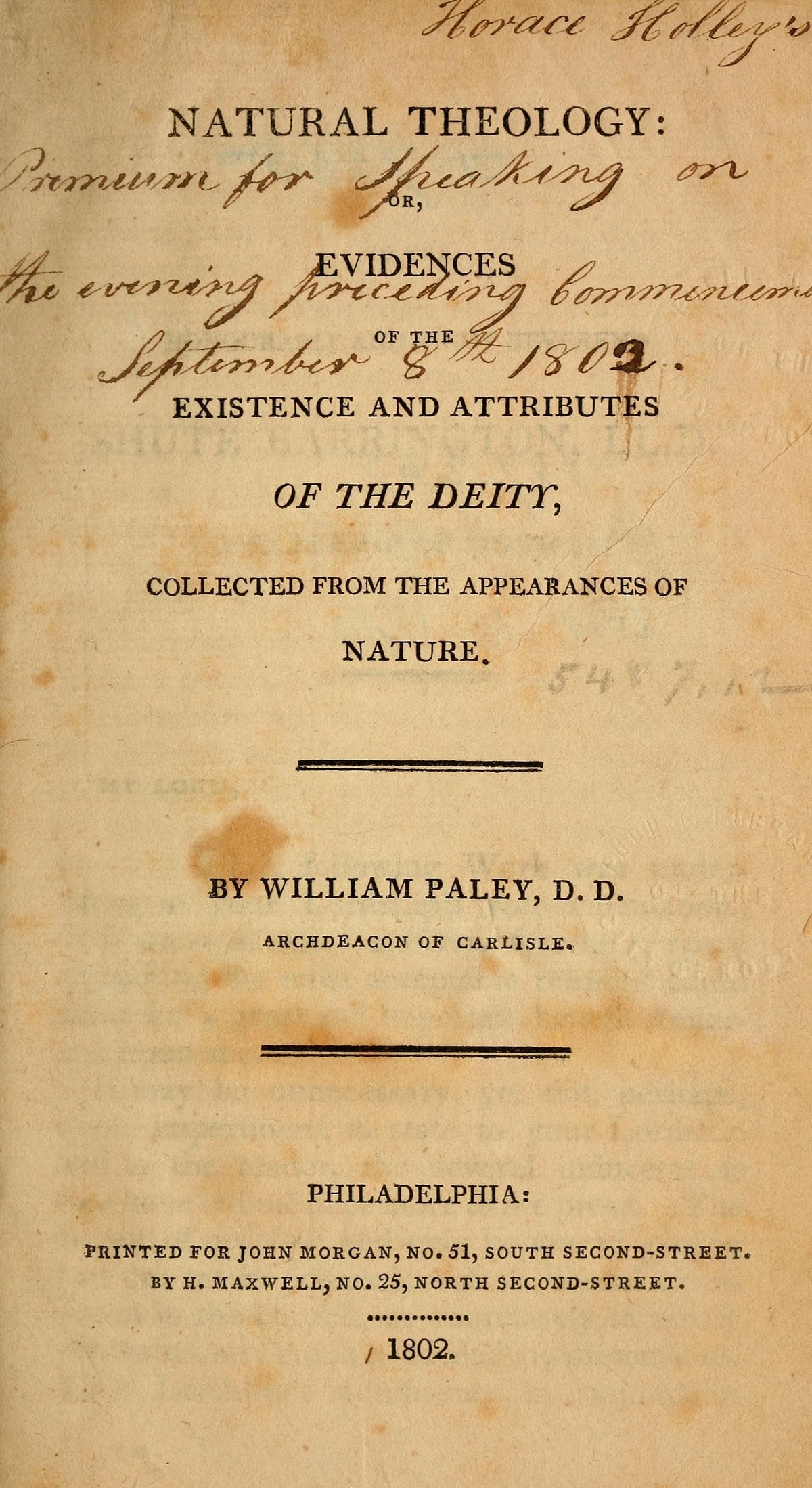 Natural Theology; or, Evidences of the Existence and Attributes of the Deity