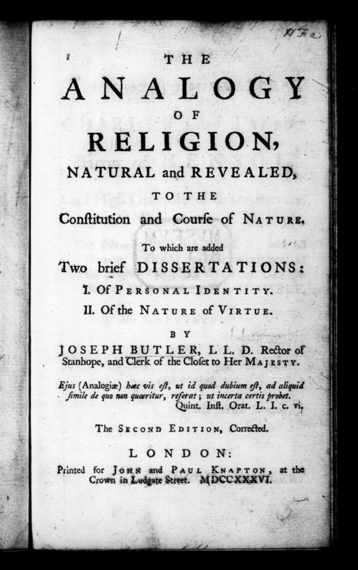 The Analogy of Religion, Natural and Revealed