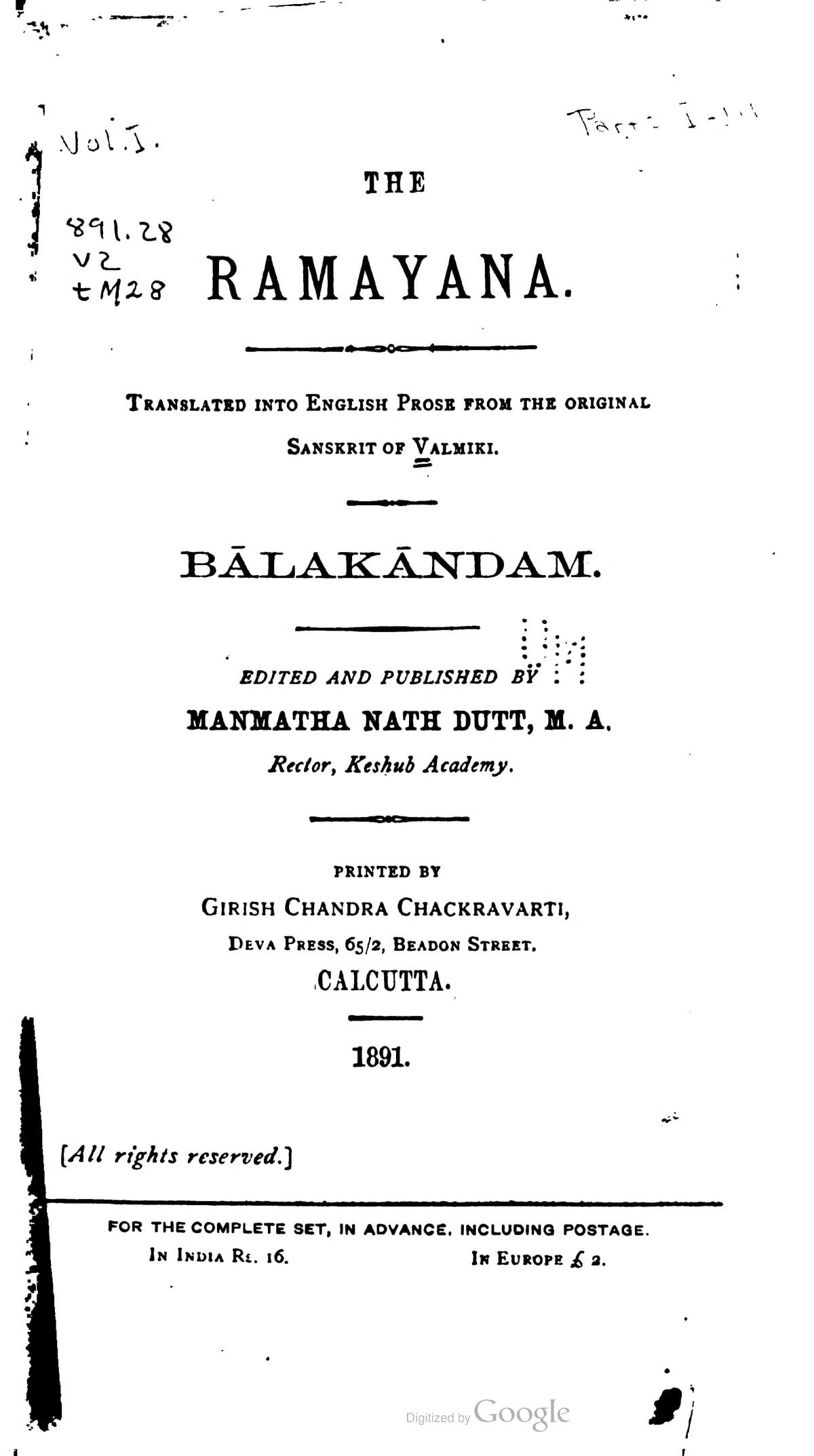 The Ramayana of Valmiki