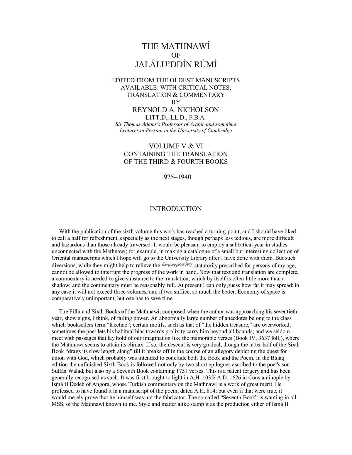 The Mathnawi of Jalaluddin Rumi