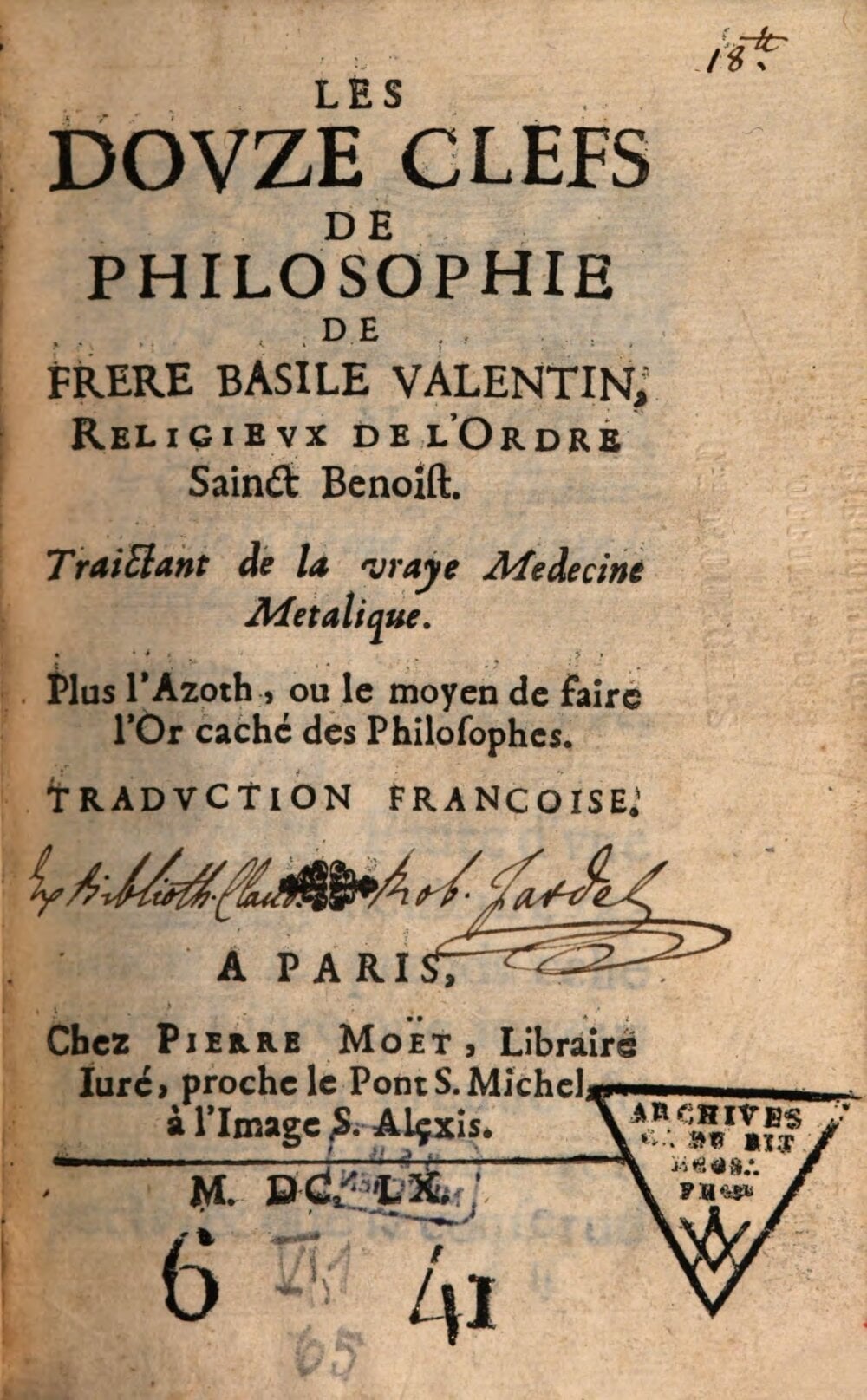 Basilius Valentinus — Les Douze Clefs (French, Paris 1660)