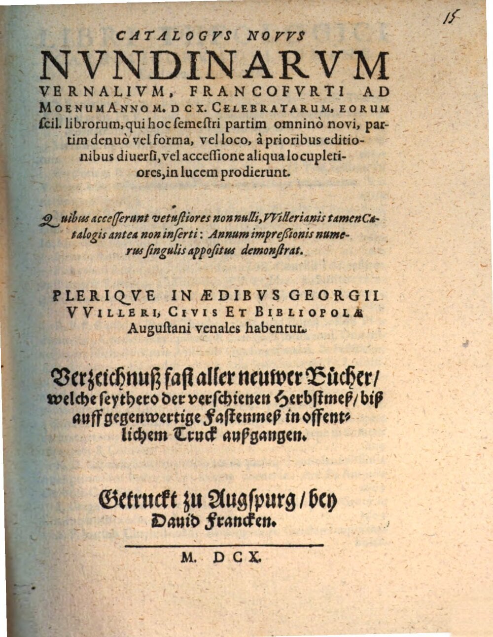 New Catalog of the Spring Fairs of Frankfurt on the Main, Celebrated in the Year 1610