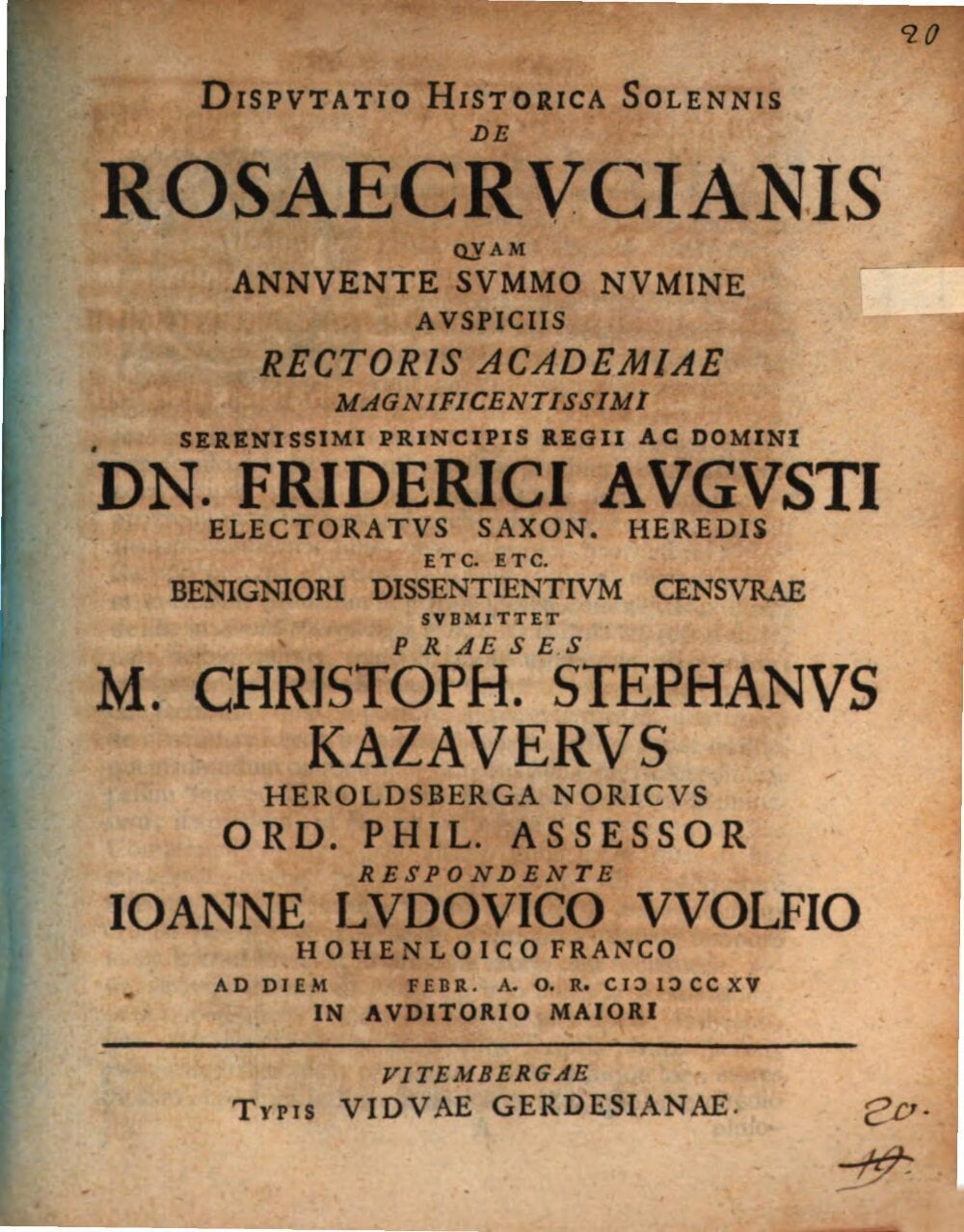 A Solemn Historical Disputation on the Rosicrucians