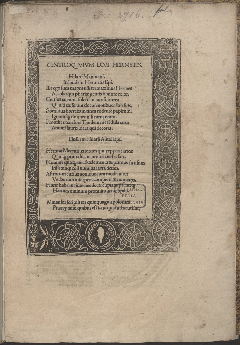 The Centiloquy, with poems on Hermes by Hilarius Mantuanus