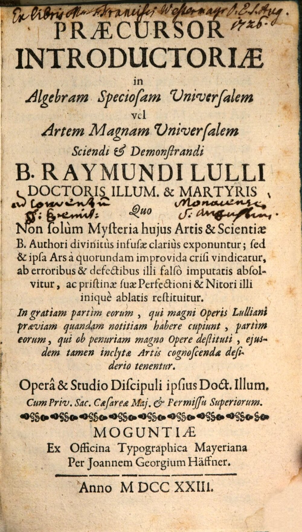 Precursor to the Introduction of the Universal Specious Algebra or the Great Universal Art of Knowledge and Demonstration