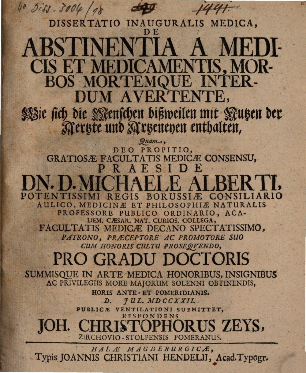 Inaugural Dissertation on Abstinence from Doctors and Medicines