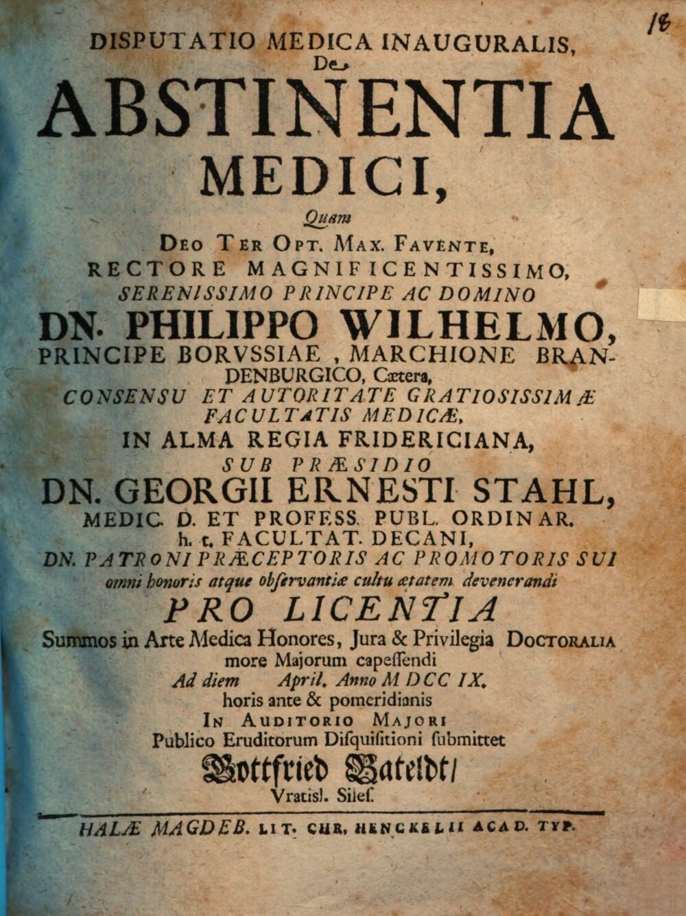 Inaugural Medical Disputation on the Abstinence of the Physician