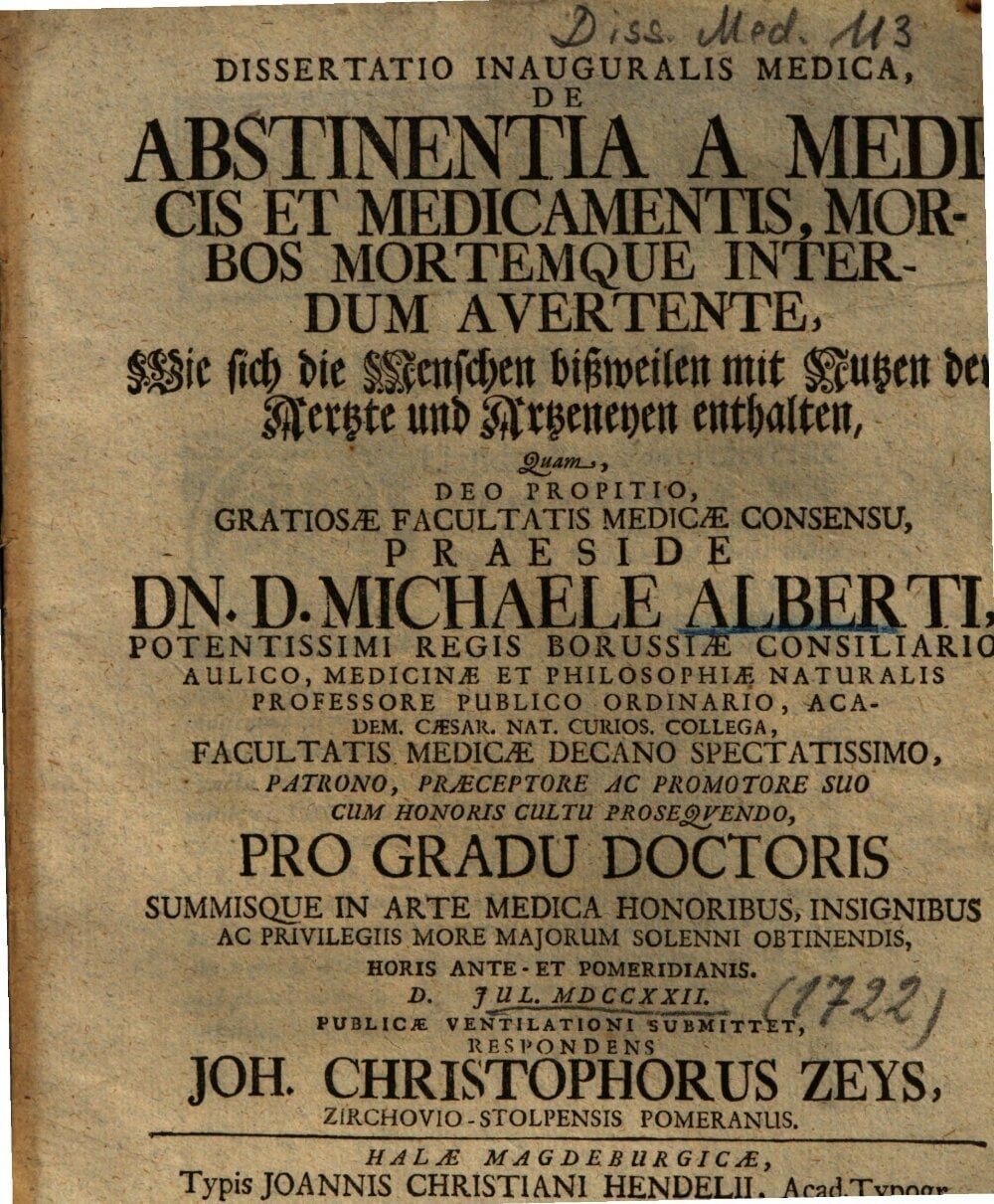 Medical Dissertation on Abstinence from Physicians and Medicines as a Means of Averting Disease and Death