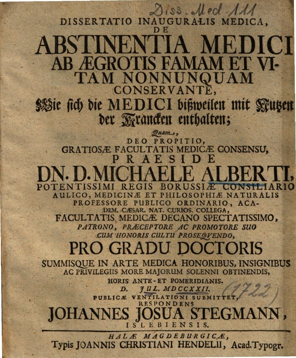 Medical Dissertation on the Physician's Abstinence from Patients as a Means of Preserving Reputation and Life