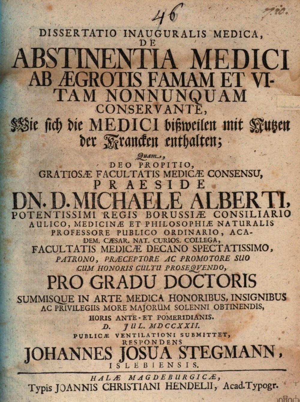 Medical Dissertation on the Physician's Abstinence from Patients as a Means of Preserving Reputation and Life