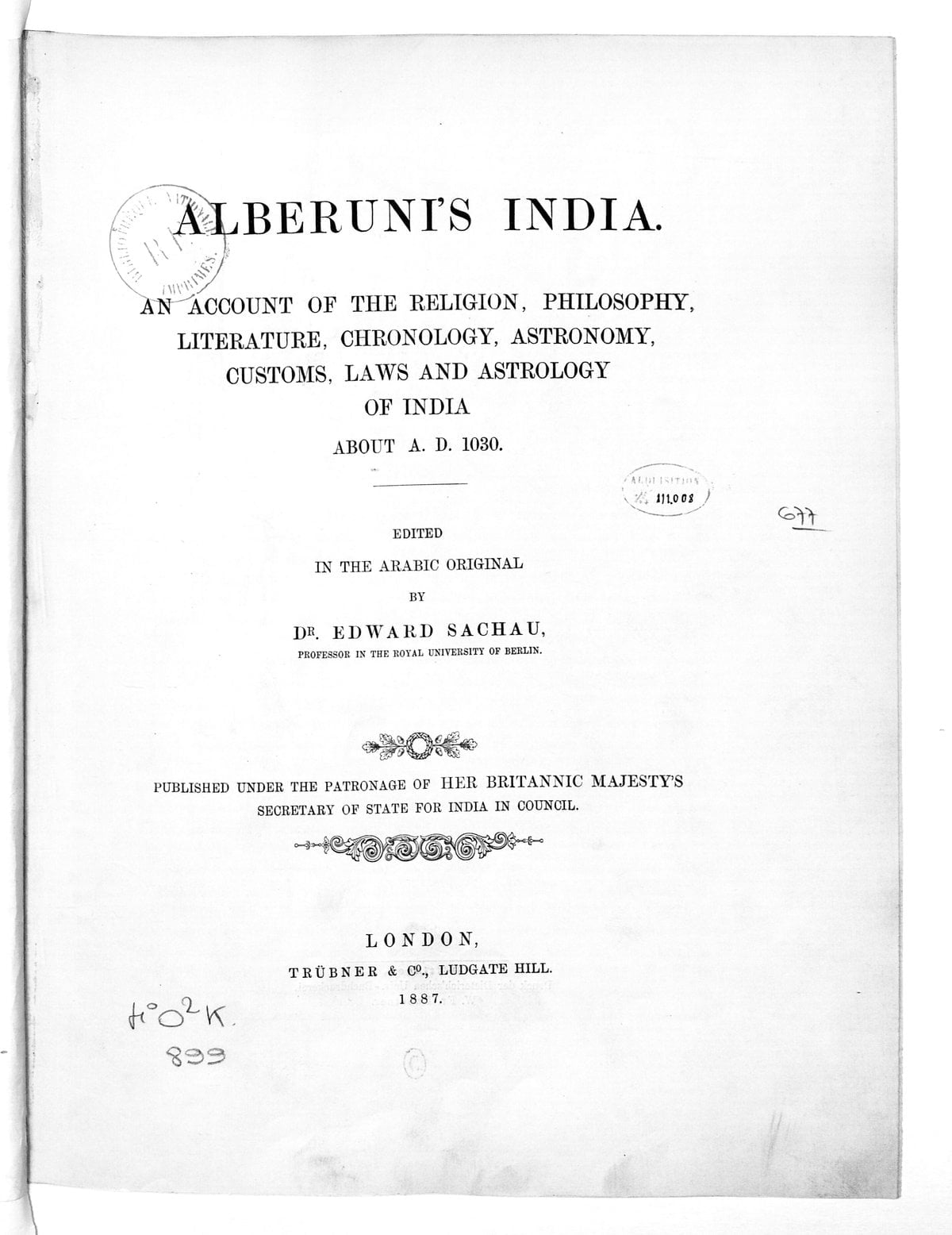 تحقيق ما للهند (Al-Biruni's India — Sachau edition, BnF)