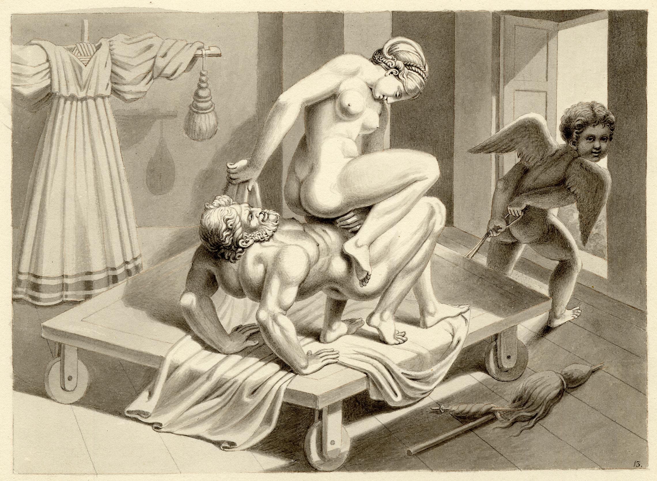 I modi, Plate 9: Sexual position on a wheeled platform