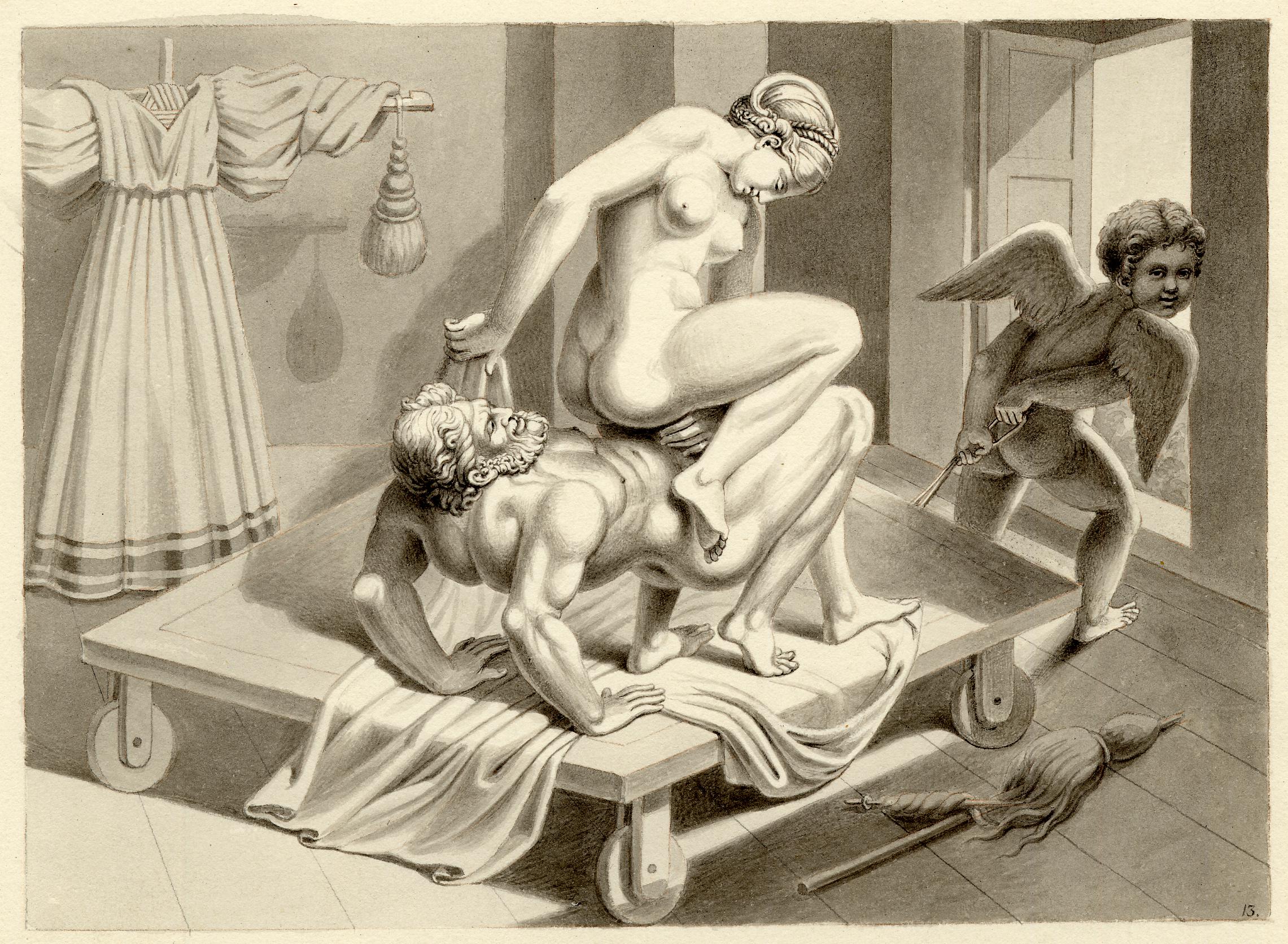 I modi, Plate 9: Sexual position on a wheeled platform