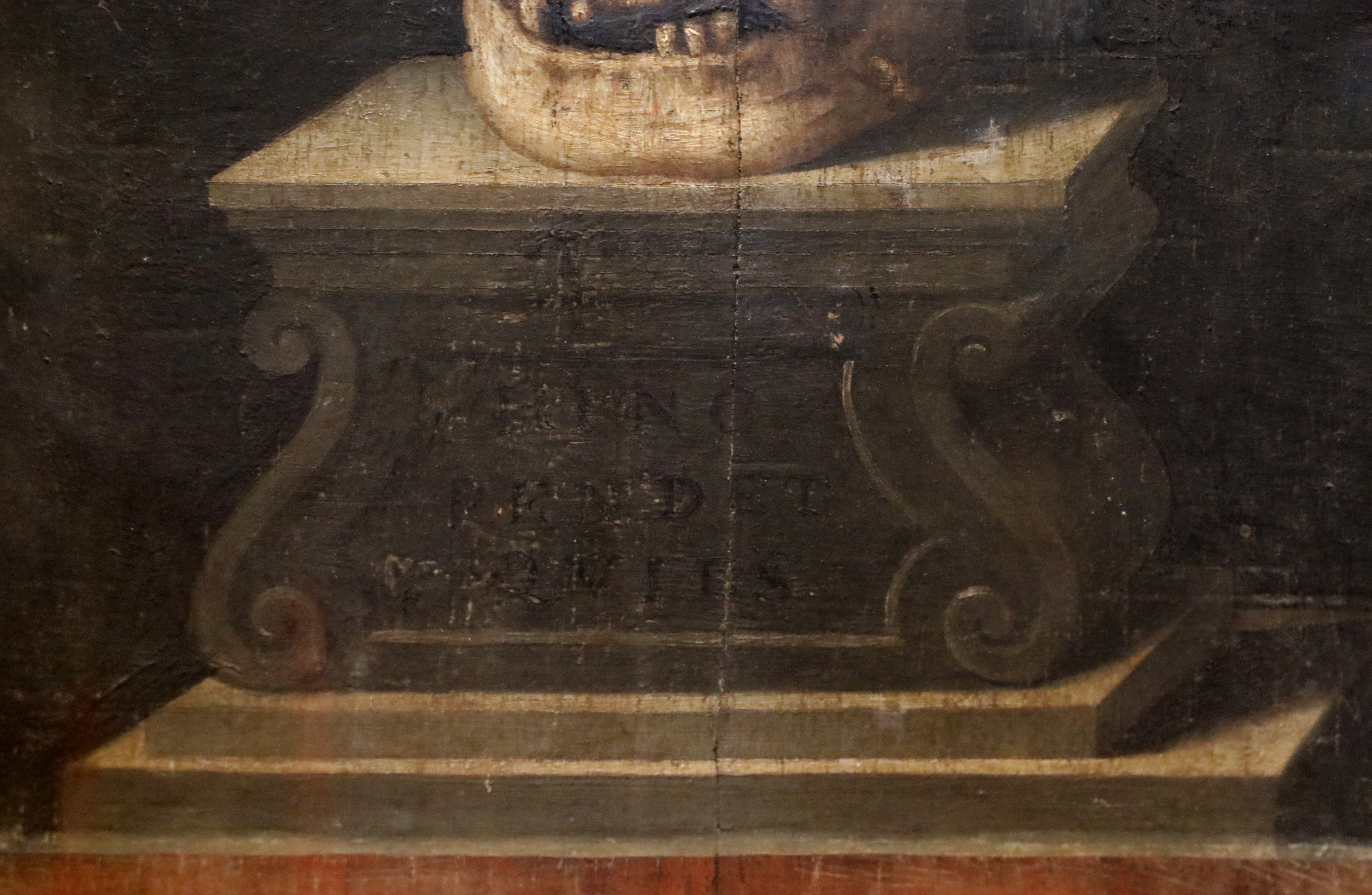 Scuola fiorentina, memento mori, xvii secolo, dal monastero di san salvi, 02 base con iscrizione