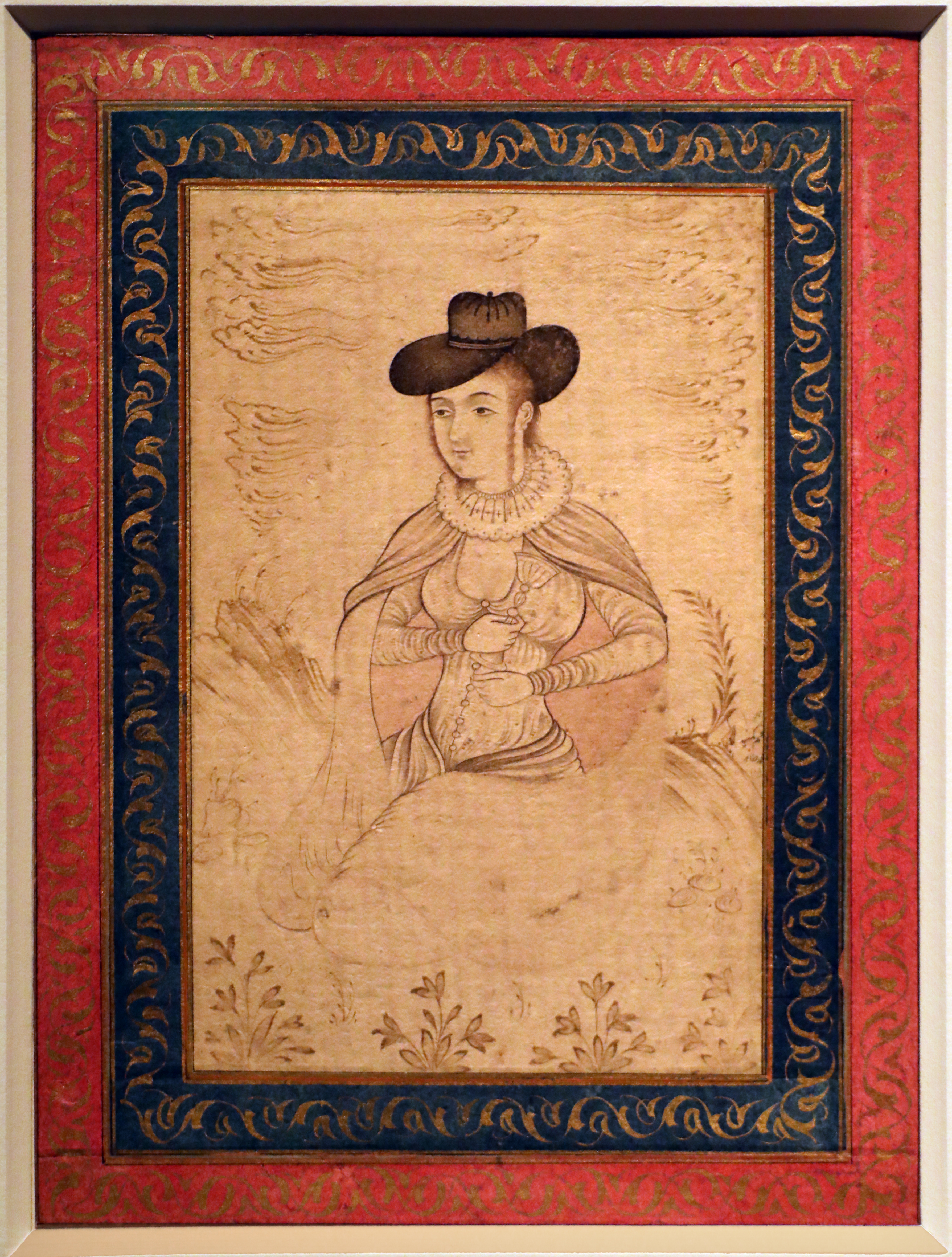 Muhammad tahir naqqash kashani (attr.), ritratto di una vergine in costume europeo, isfahan 1670