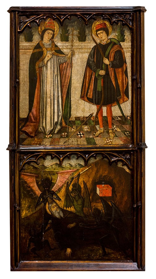 Triptych Panel: A Saint Pope, Saint Sebastian, and the Temptation of St. Anthony