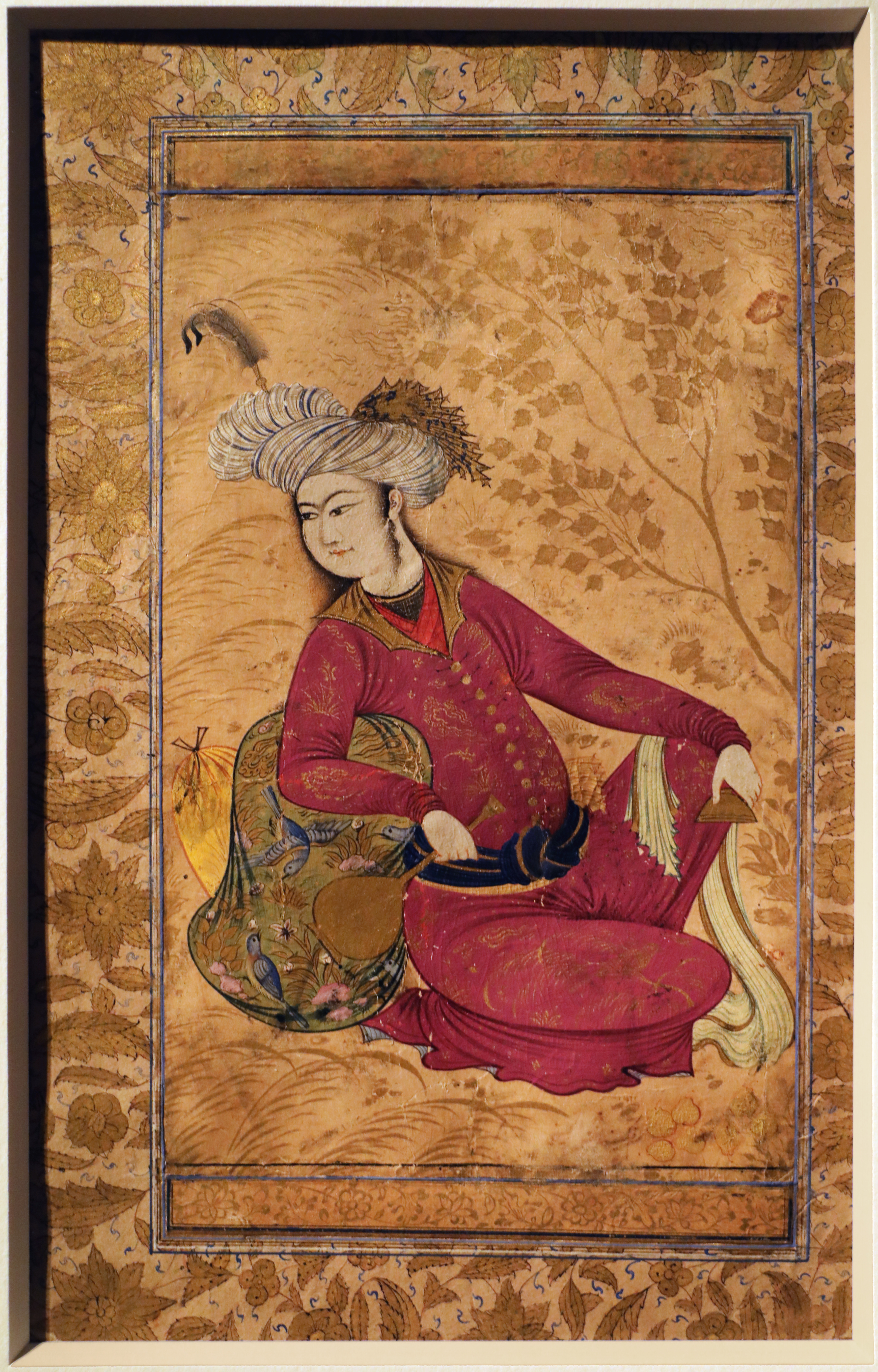 Iran, giovane seduto con bottiglia e tazza, isfahan 1630 ca