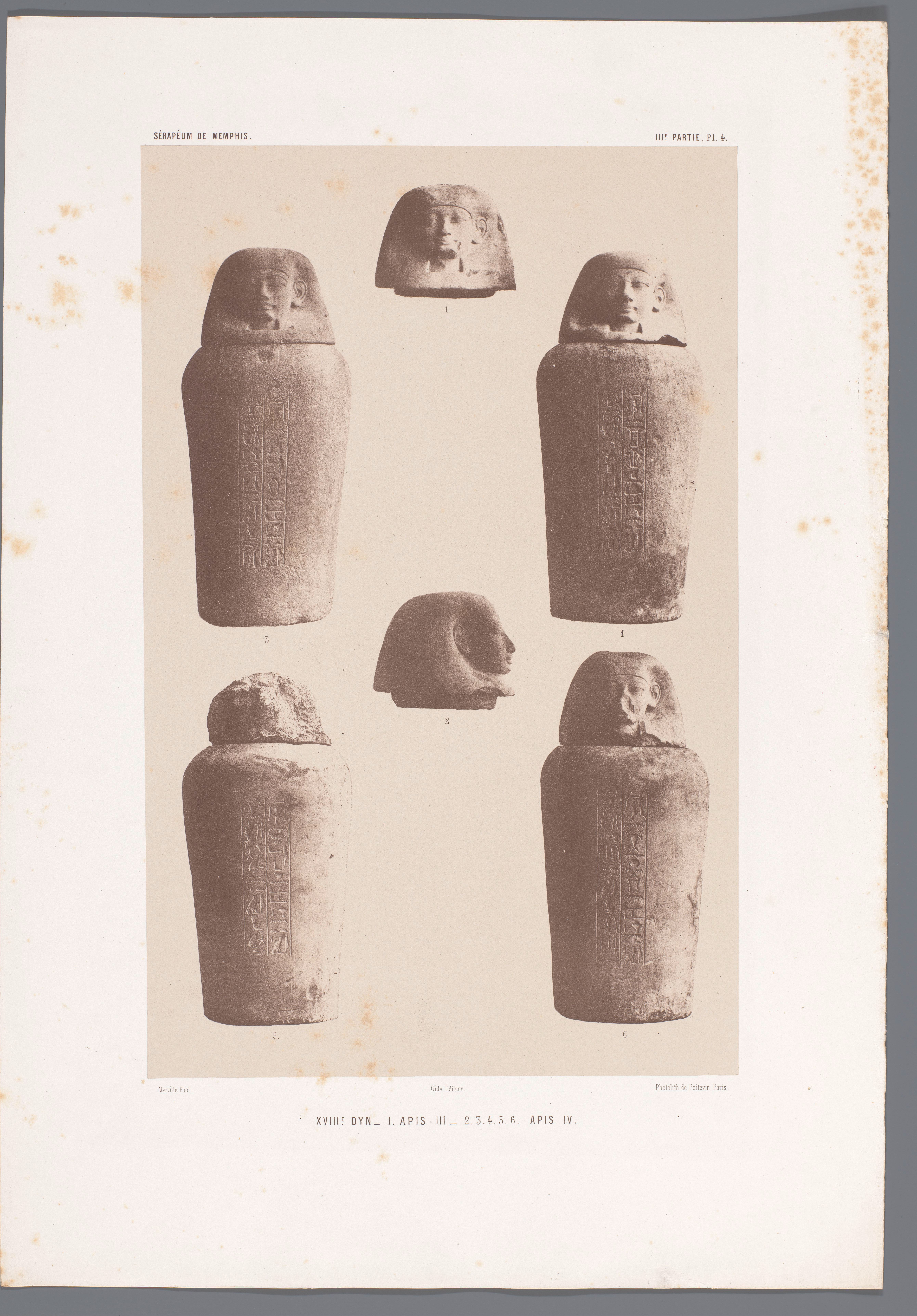 Vier canopen met de kop van Amset, gevonden bij het Serapeum te Memphis