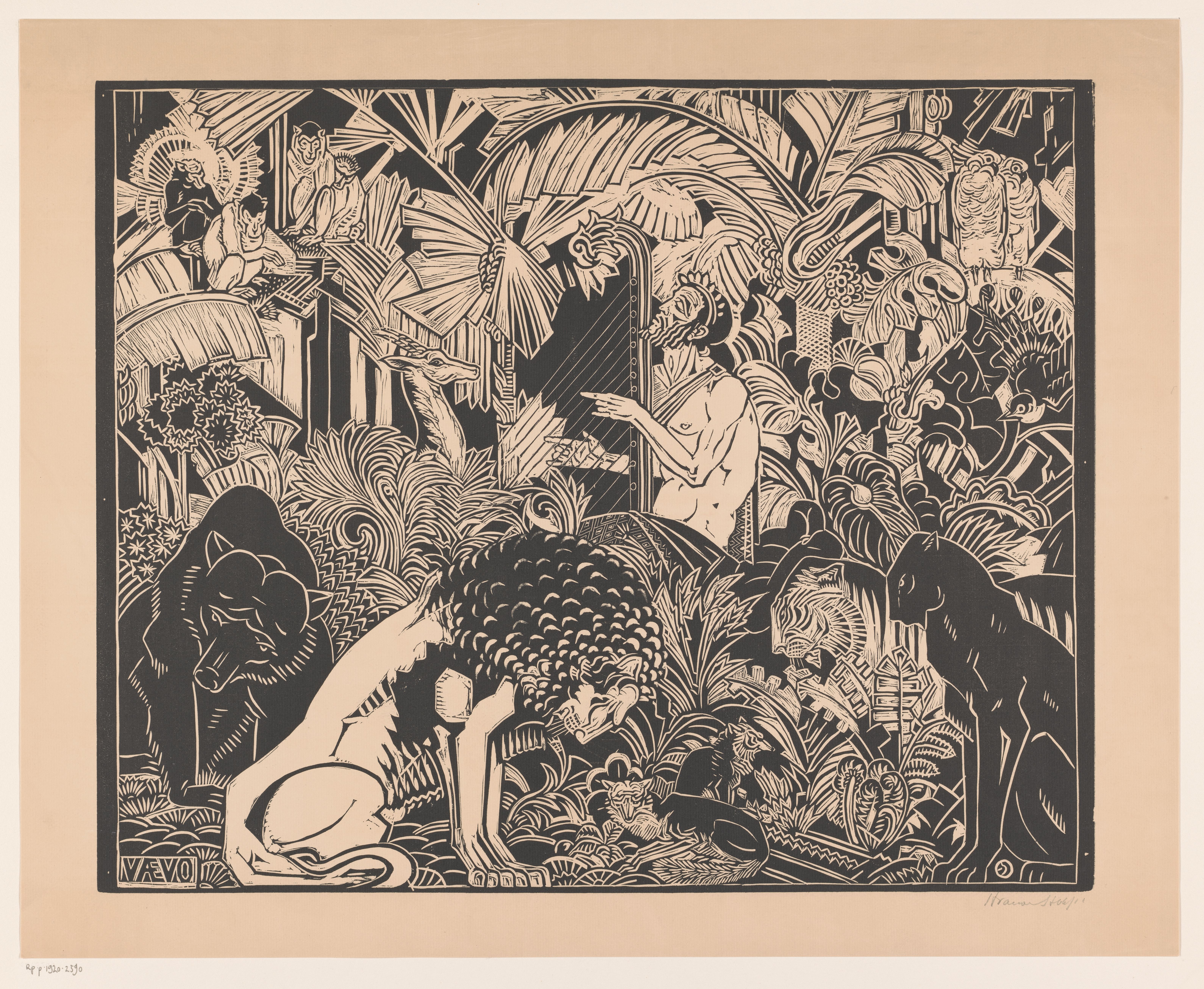 Orpheus speelt op zijn harp voor de dieren