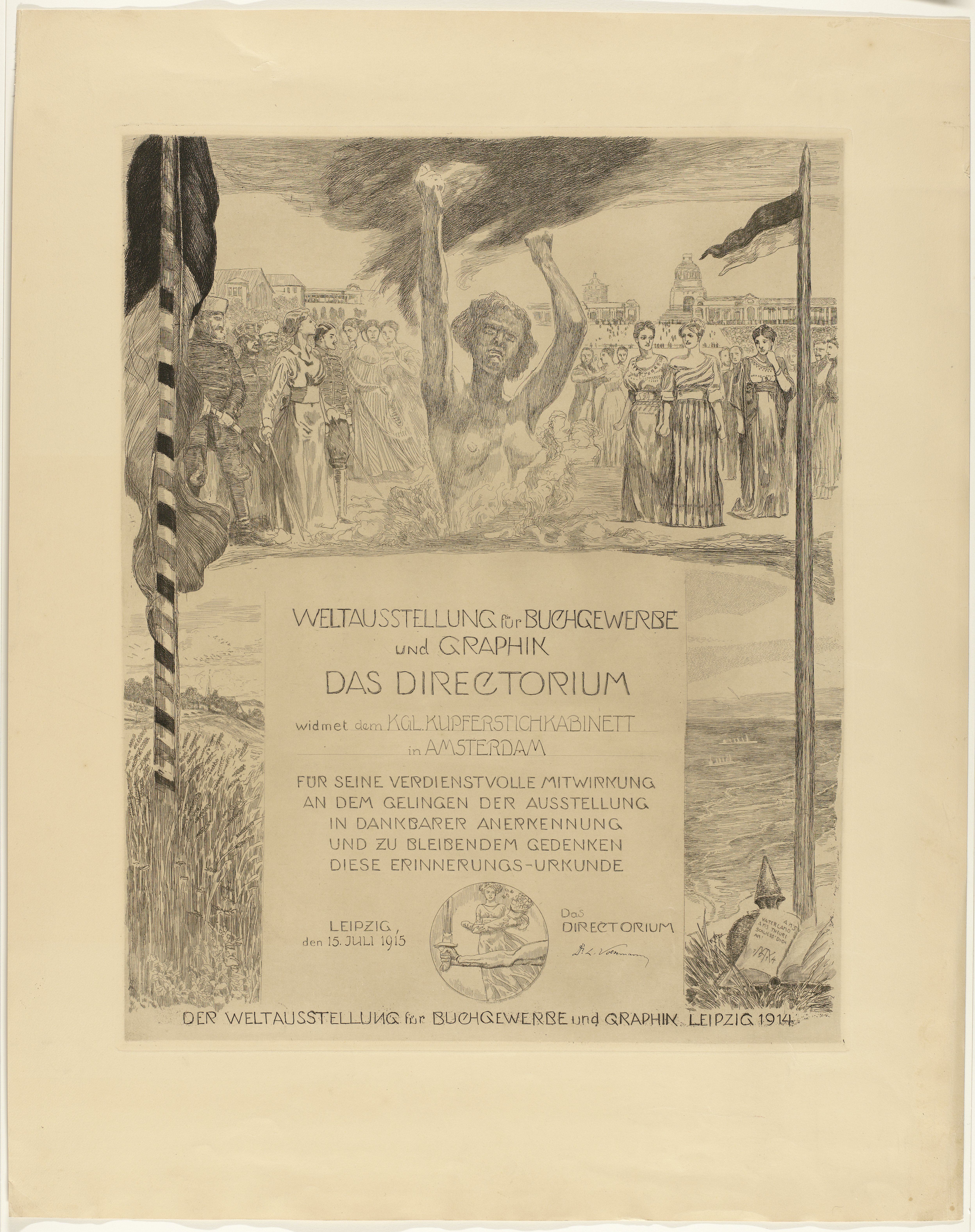 Oorkonde ter dank voor medewerking aan de internationale tentoonstelling van boeken en grafiek in 1914, te Leipzig