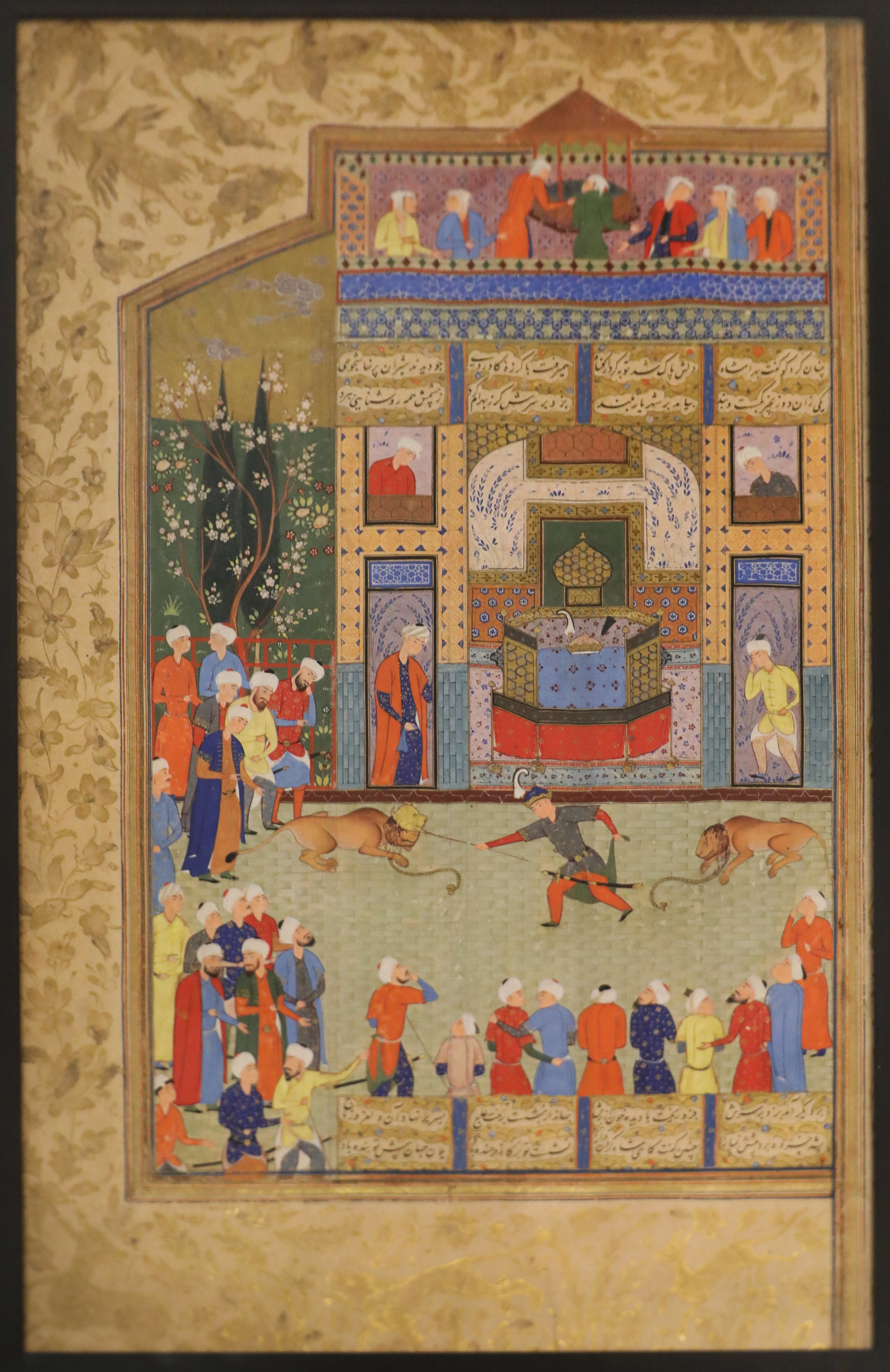 Iran, forse shiraz, behram gur che comatte contro i leoni, 1560-70 ca