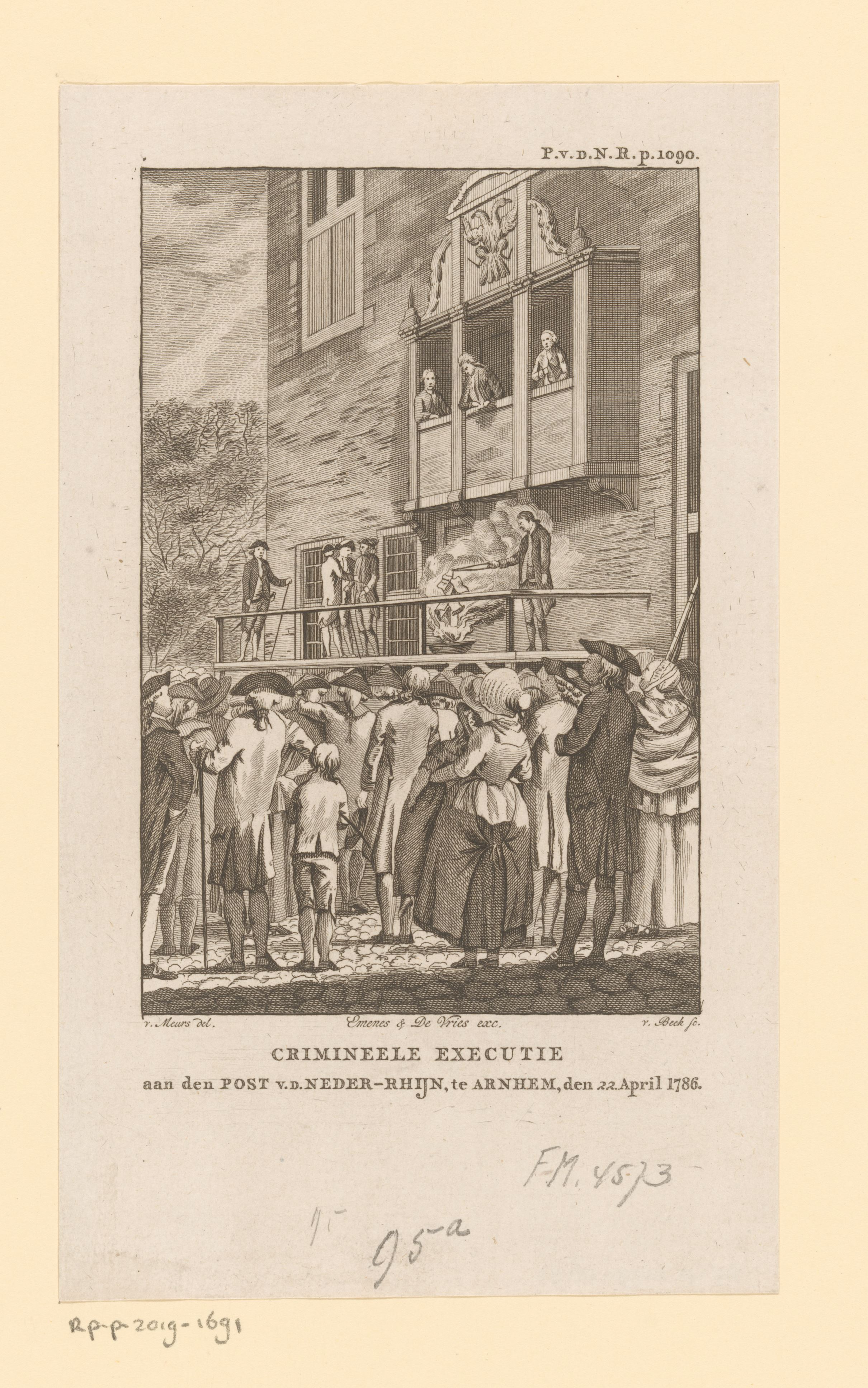 Verbranding van Post van de Neder-Rhijn op schavot voor stadhuis te Arnhem op 22 april 1786