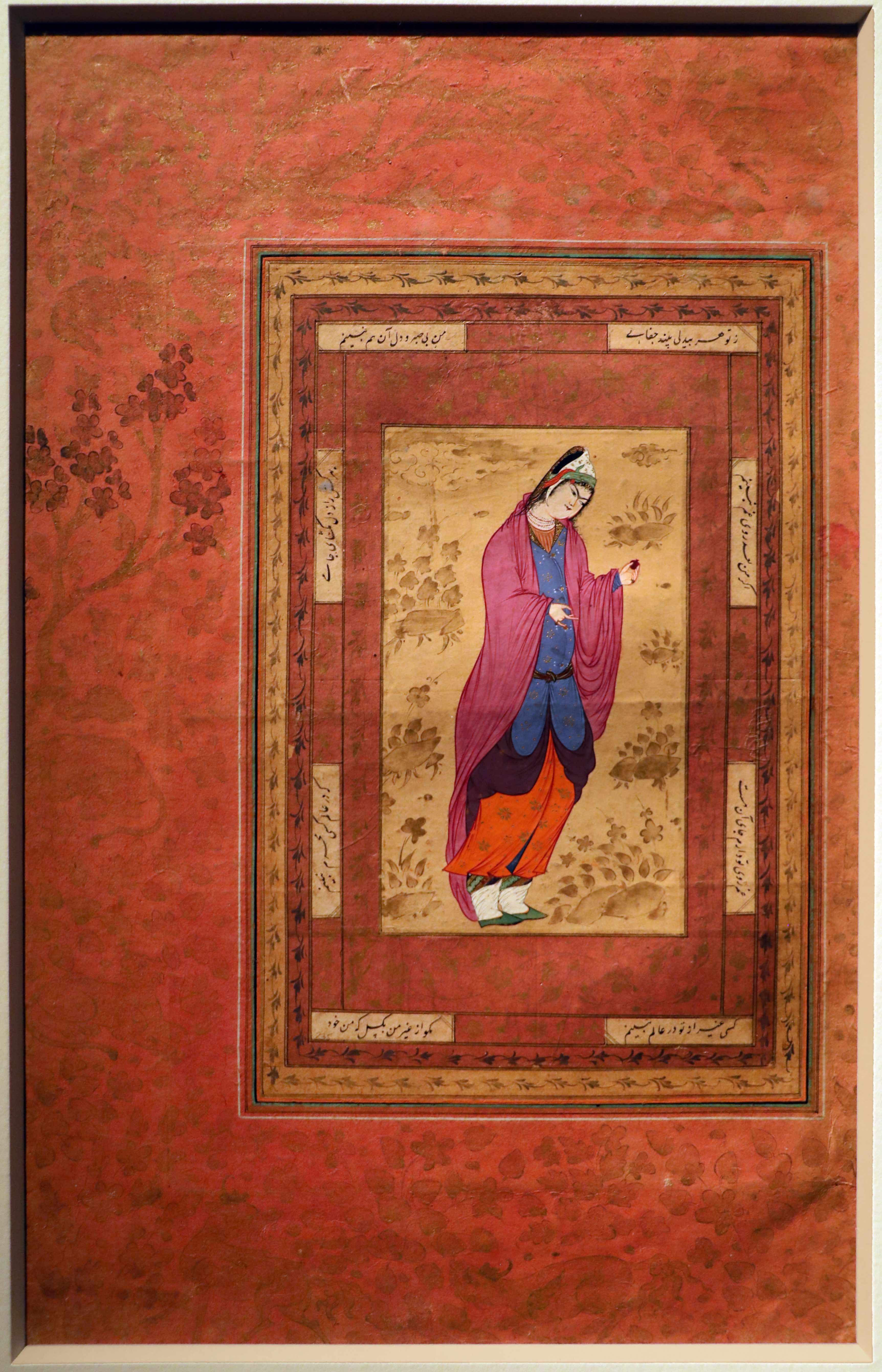 Sadiqi beg, vergine con abito lungo e melograna, isfahan 1600 ca